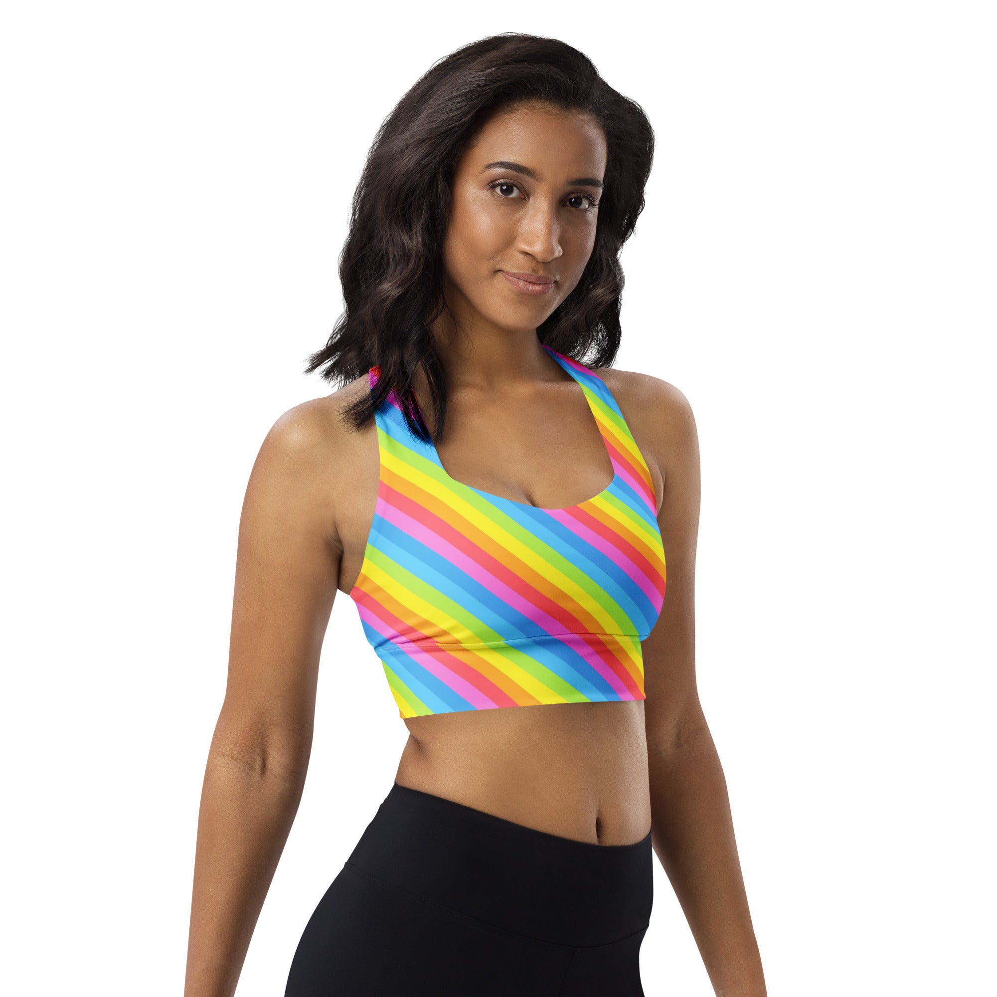 Women’s Rainbow Stripe Buttery Soft Recycled Longline Sports Bra – High Intensity Support, Removable Padding, Quick Dry & UPF 50+