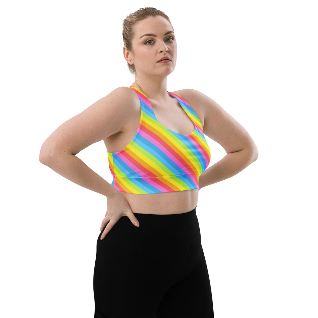 Women’s Rainbow Stripe Buttery Soft Recycled Longline Sports Bra – High Intensity Support, Removable Padding, Quick Dry & UPF 50+