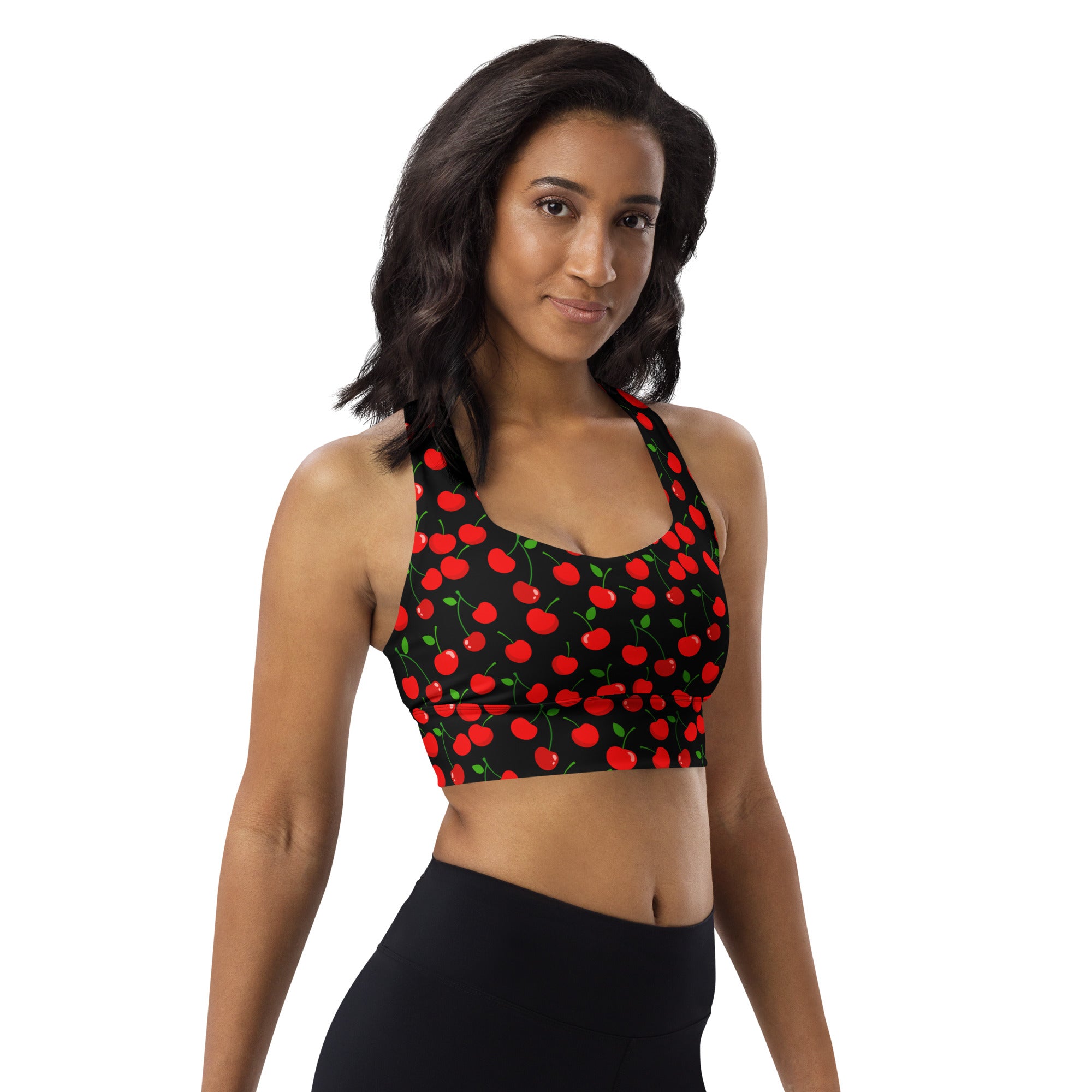 Women’s black cherry print buttery soft recycled longline sports bra with vibrant red cherry pattern and green stems