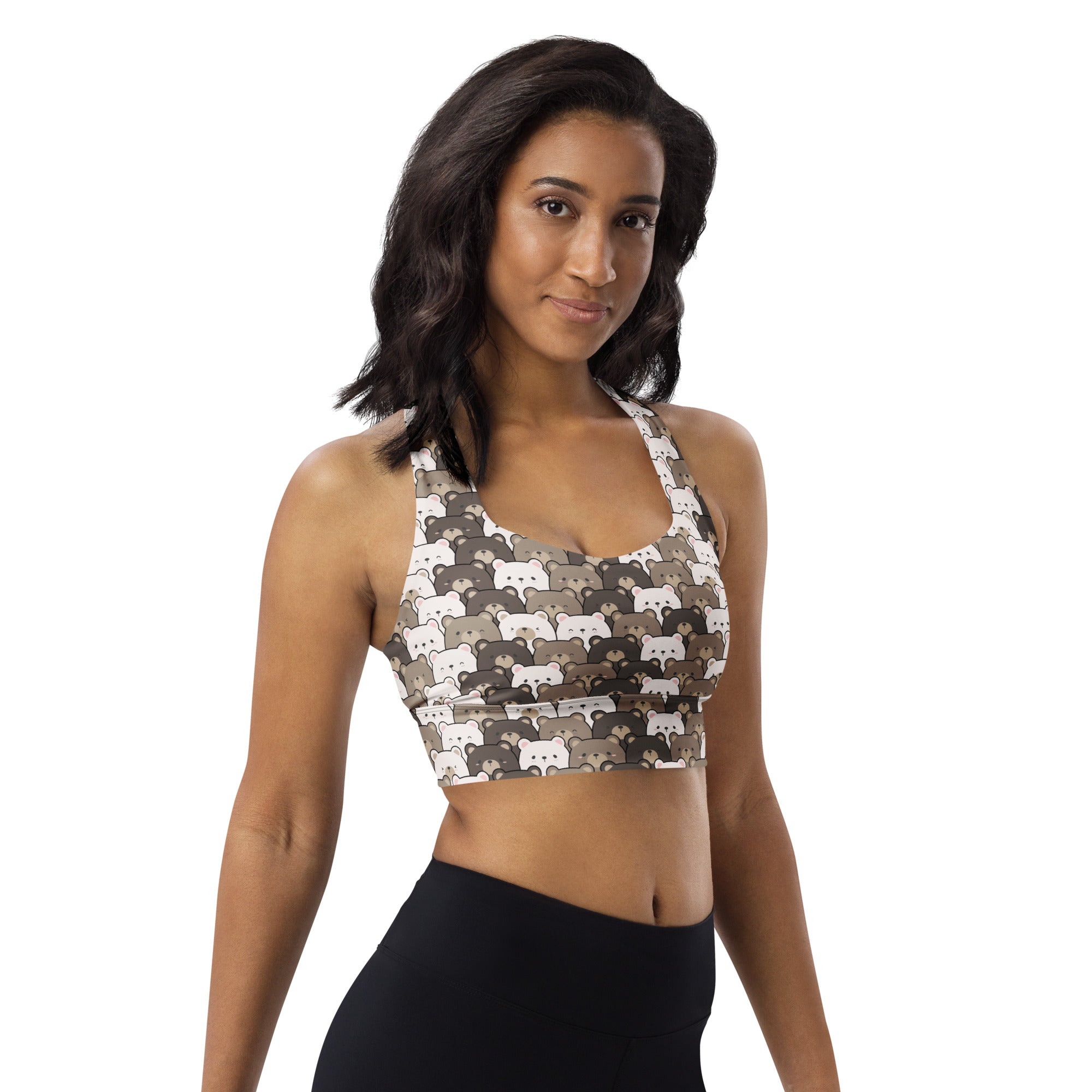 Women’s bear face buttery soft recycled longline sports bra with gray and white cartoon bears high intensity support