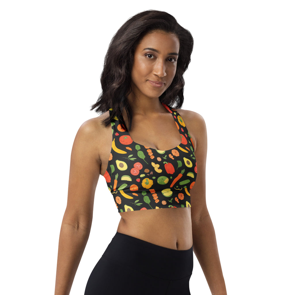 Black longline sports bra with vibrant fruit and vegetable print made from buttery soft recycled fabric for high intensity support
