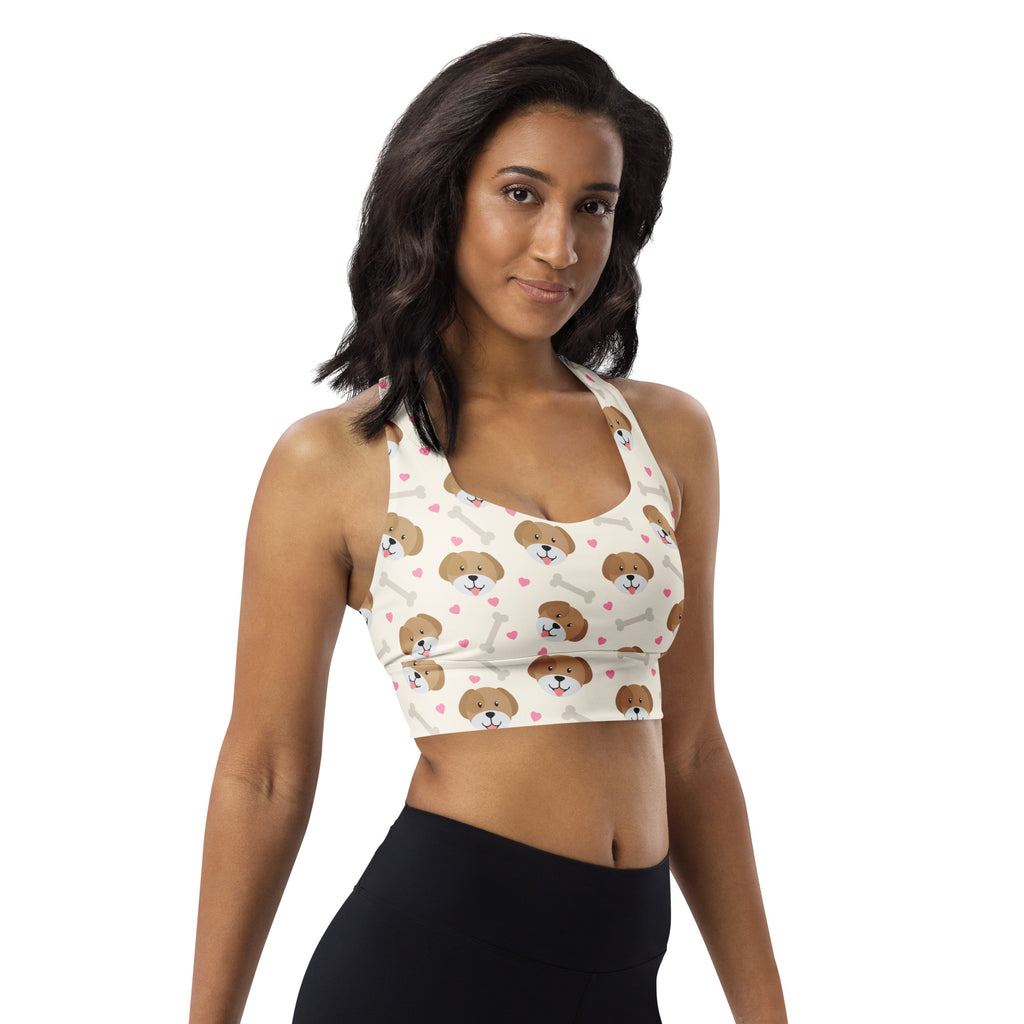 Women’s white longline sports bra with brown puppy faces pink hearts on light gray bones buttery soft recycled fabric