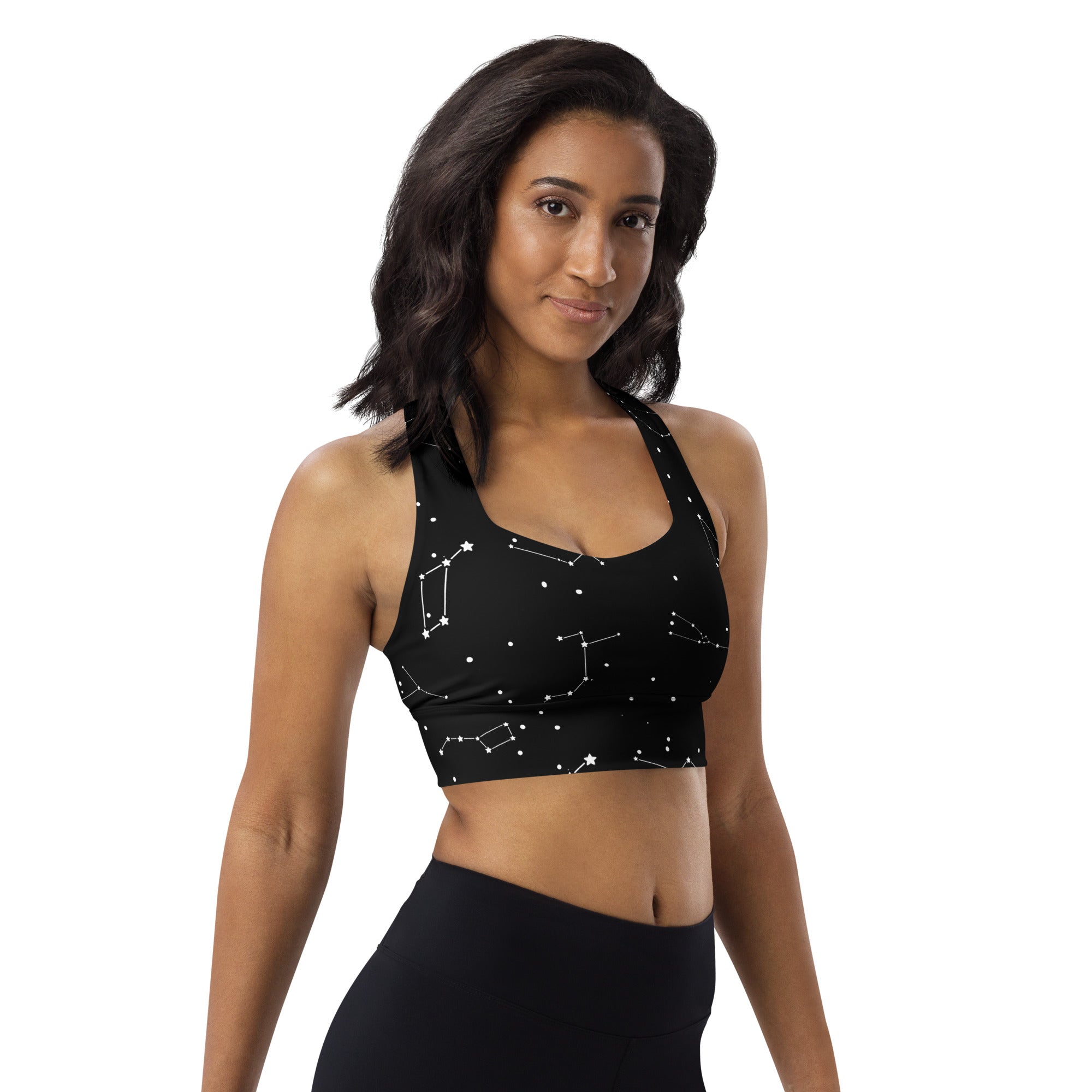 Women’s black recycled longline sports bra with white constellation pattern buttery soft high intensity support