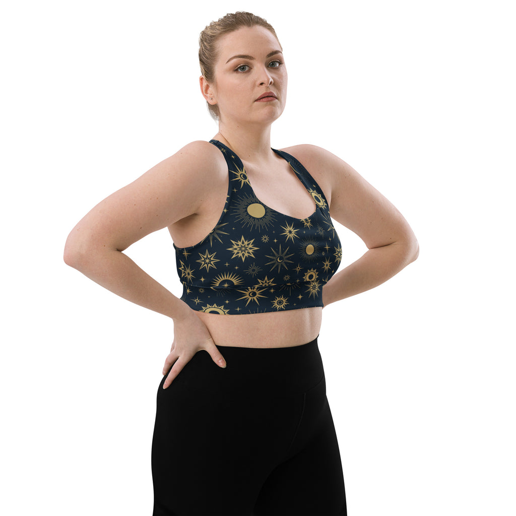 Dark blue longline sports bra with gold sun moon star pattern buttery soft recycled fabric high intensity support