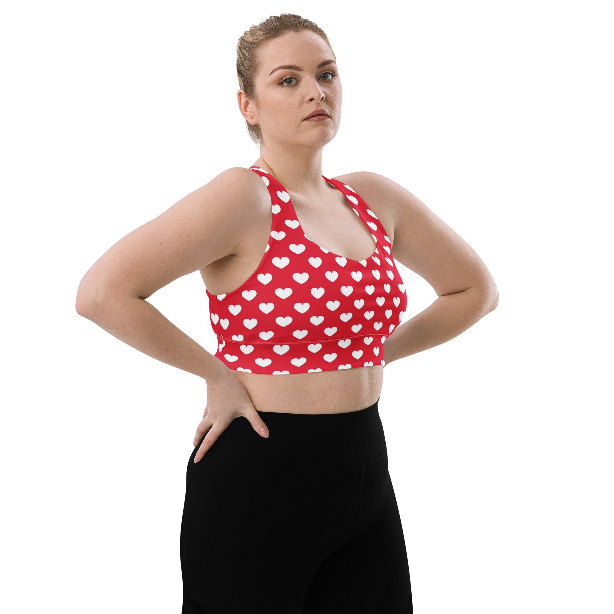 Women’s valentine’s day red sports bra with white heart pattern buttery soft recycled fabric and high intensity support