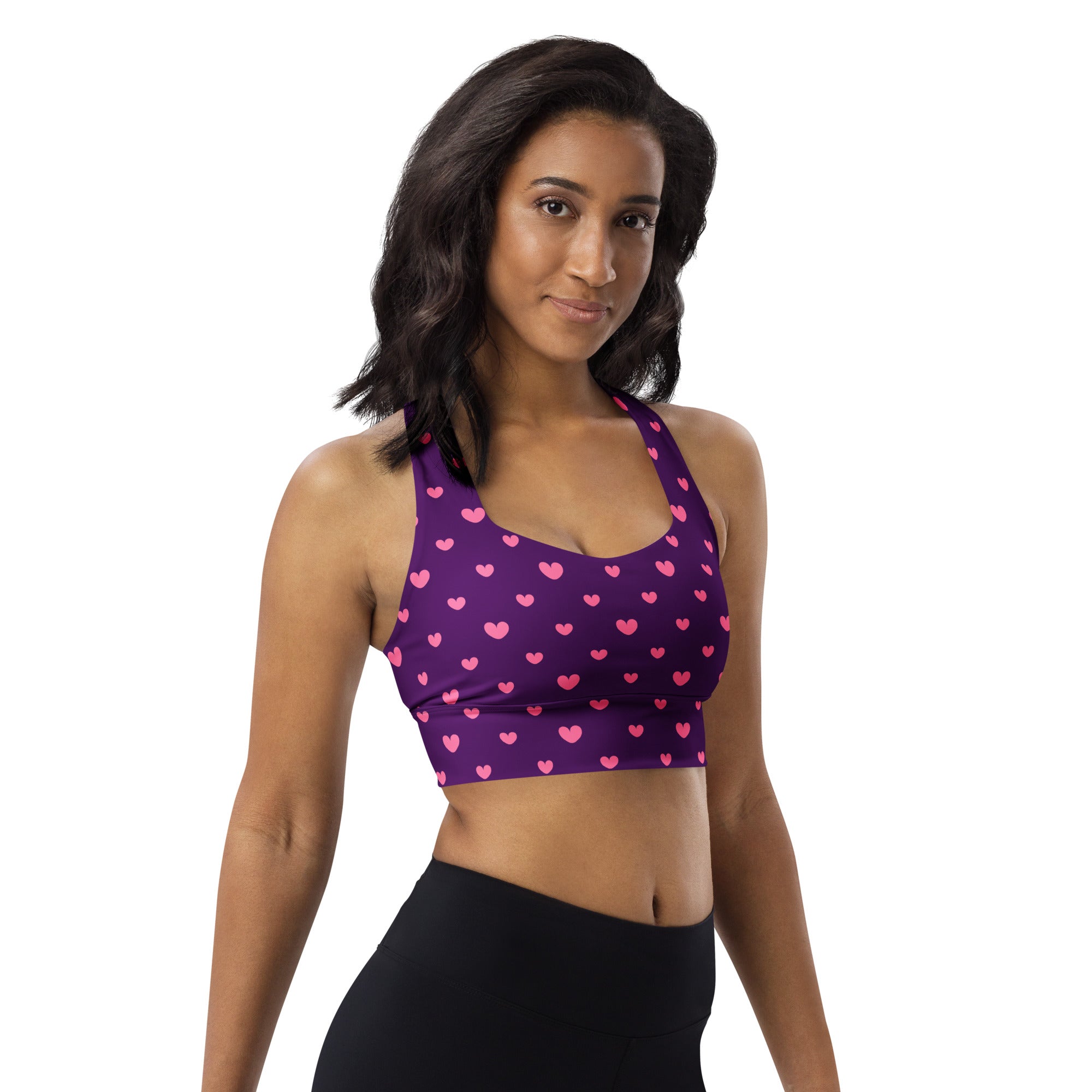Women’s purple longline sports bra with pink heart pattern buttery soft recycled fabric high intensity support