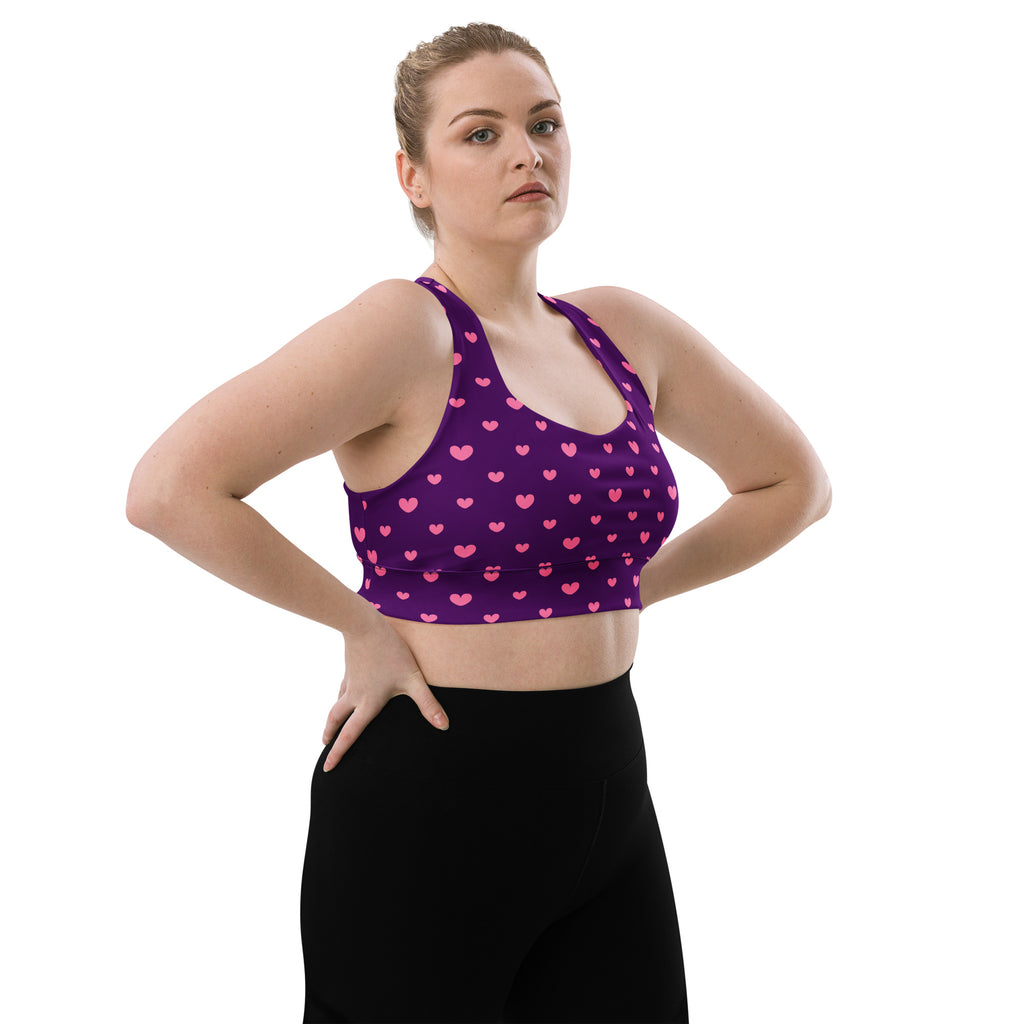 Women’s purple buttery soft recycled longline sports bra with pink heart pattern high intensity support
