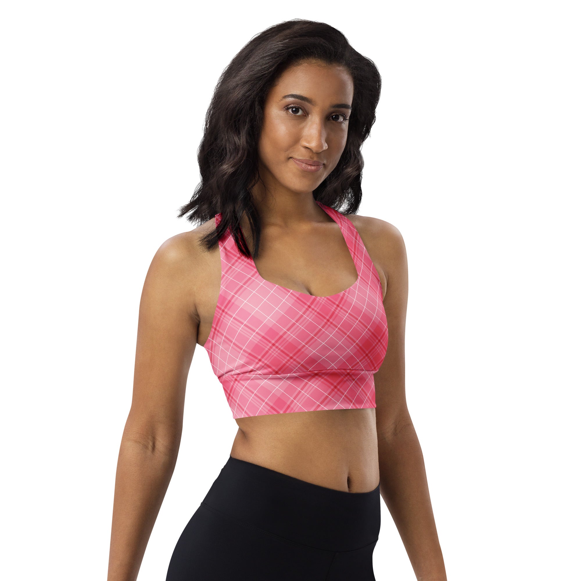 Women’s valentine’s day pink plaid buttery soft recycled longline sports bra with halter neck and high intensity support