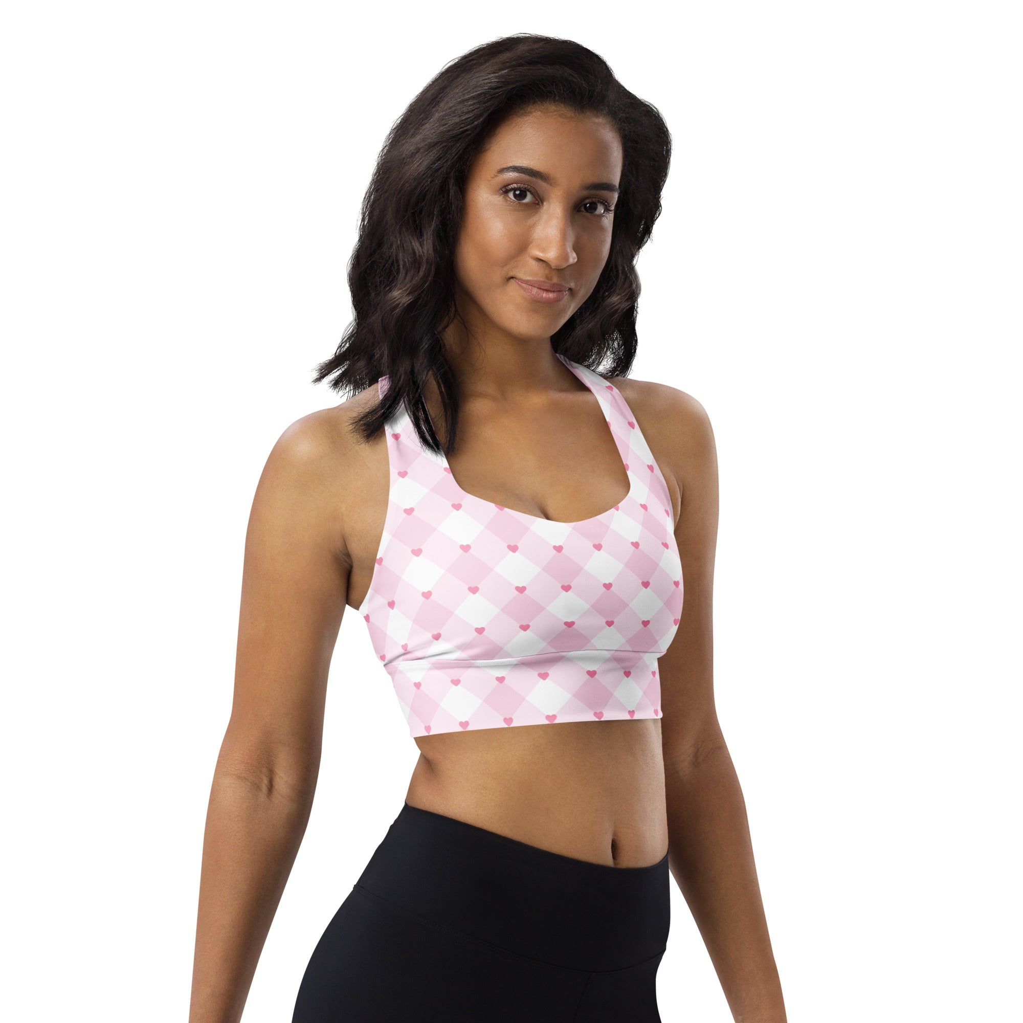 Women’s valentine’s day pink and white argyle sports bra with red heart accents buttery soft recycled fabric