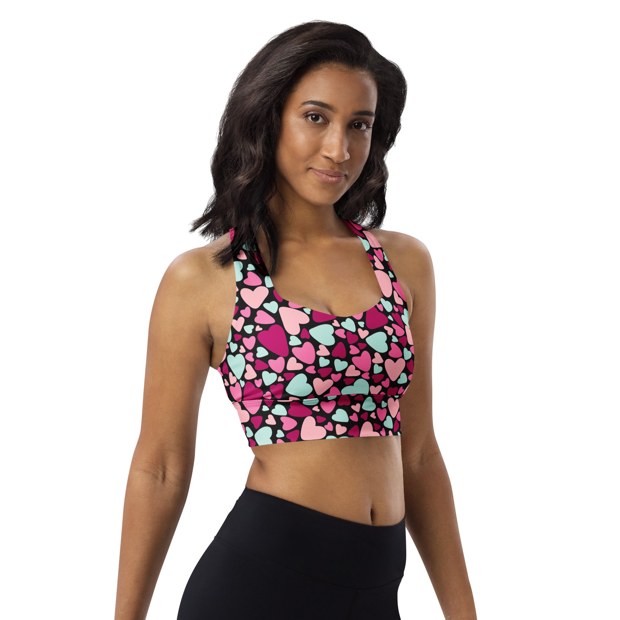 Women’s valentine’s day longline sports bra with multicolor heart pattern buttery soft recycled fabric high support