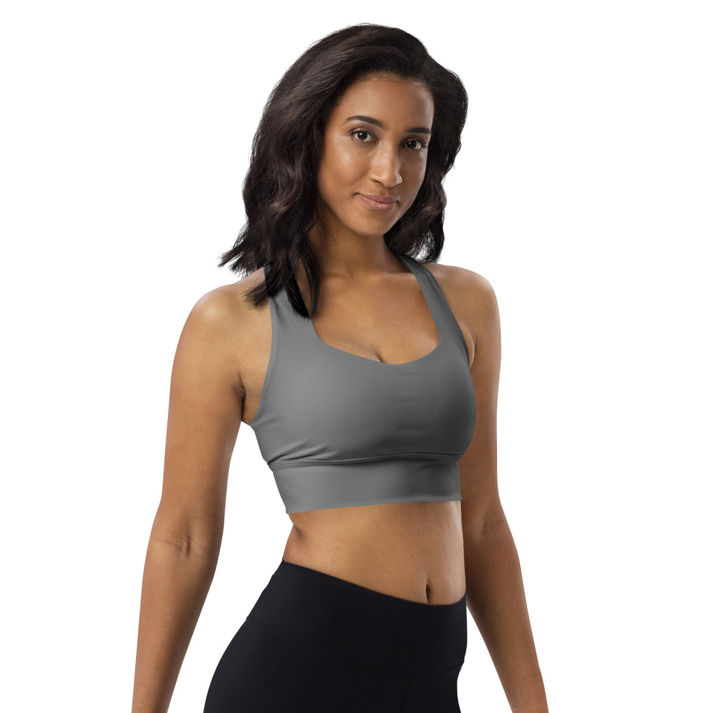 Women’s buttery soft gray recycled longline sports bra with racerback straps seamless design high intensity support