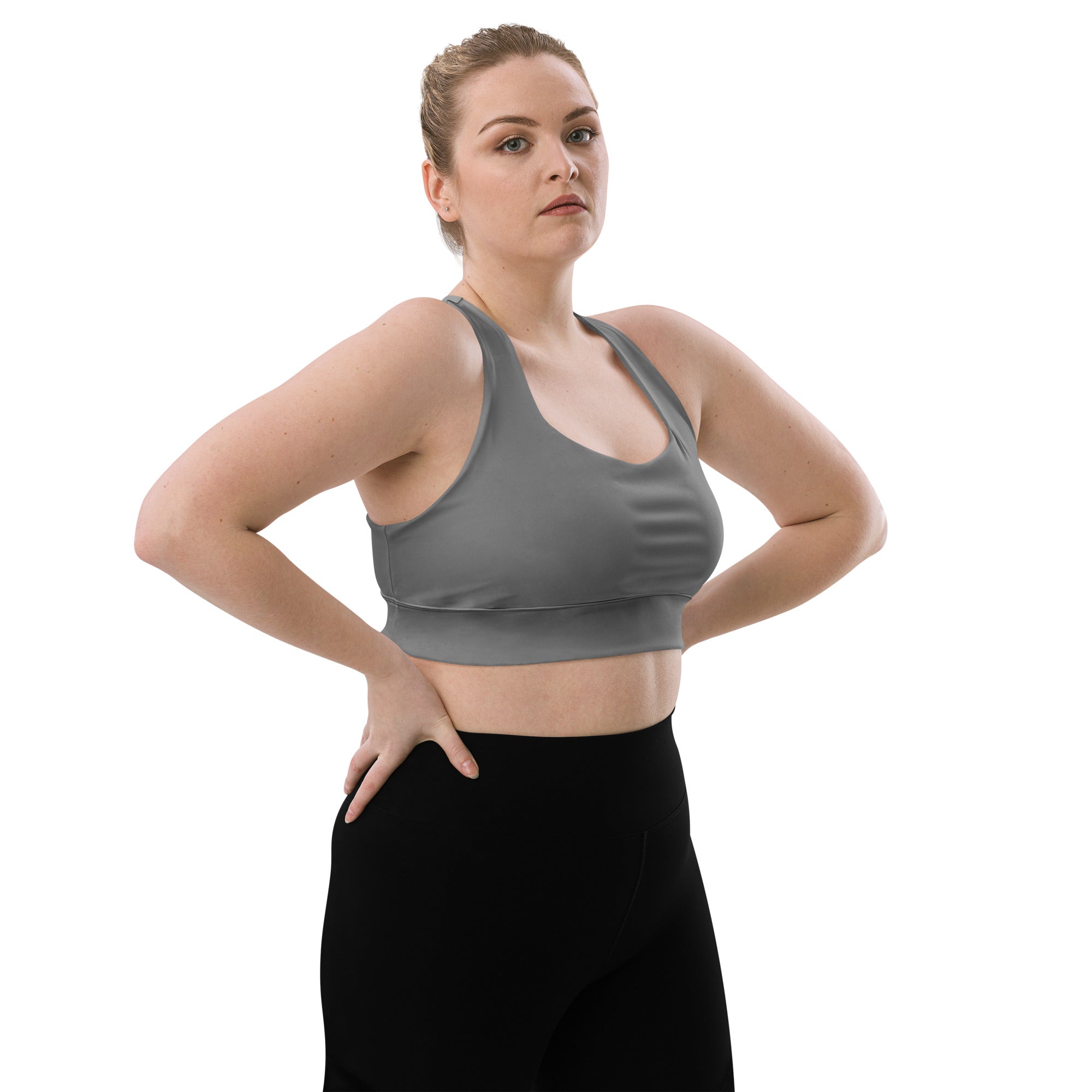 Women’s buttery soft gray recycled longline sports bra with racerback straps seamless stretchy fabric for high intensity support
