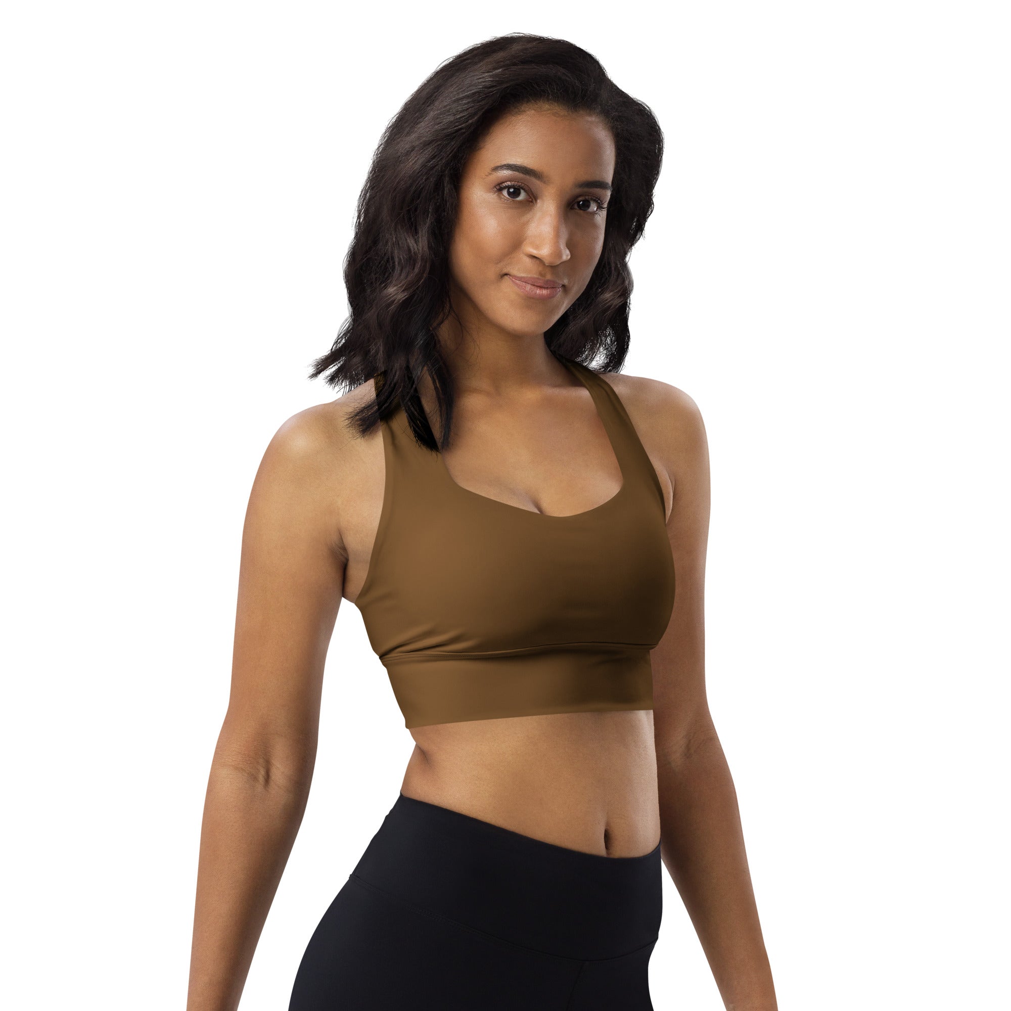 Women’s buttery soft olive green recycled longline sports bra with scoop neckline and high intensity support