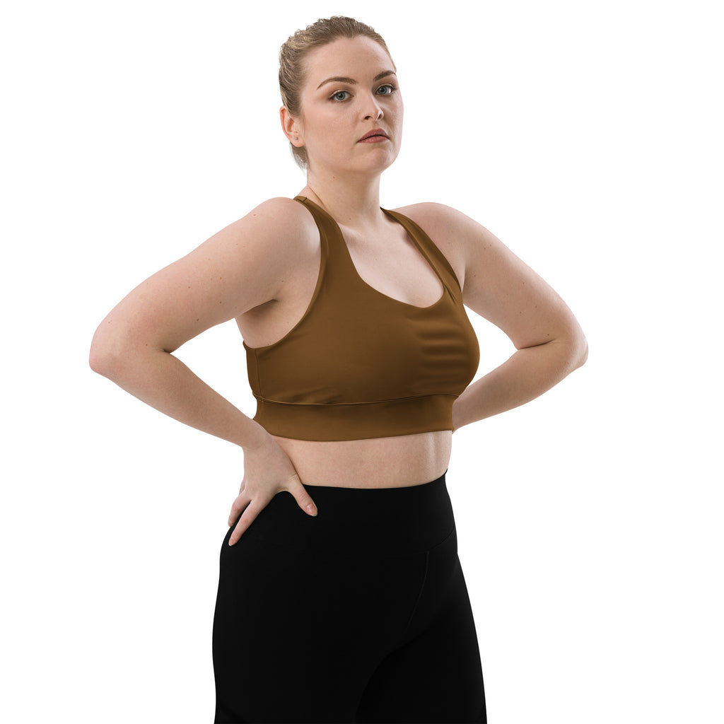 Women’s buttery soft brown recycled longline sports bra with smooth stretchy fabric and racerback design for high intensity support