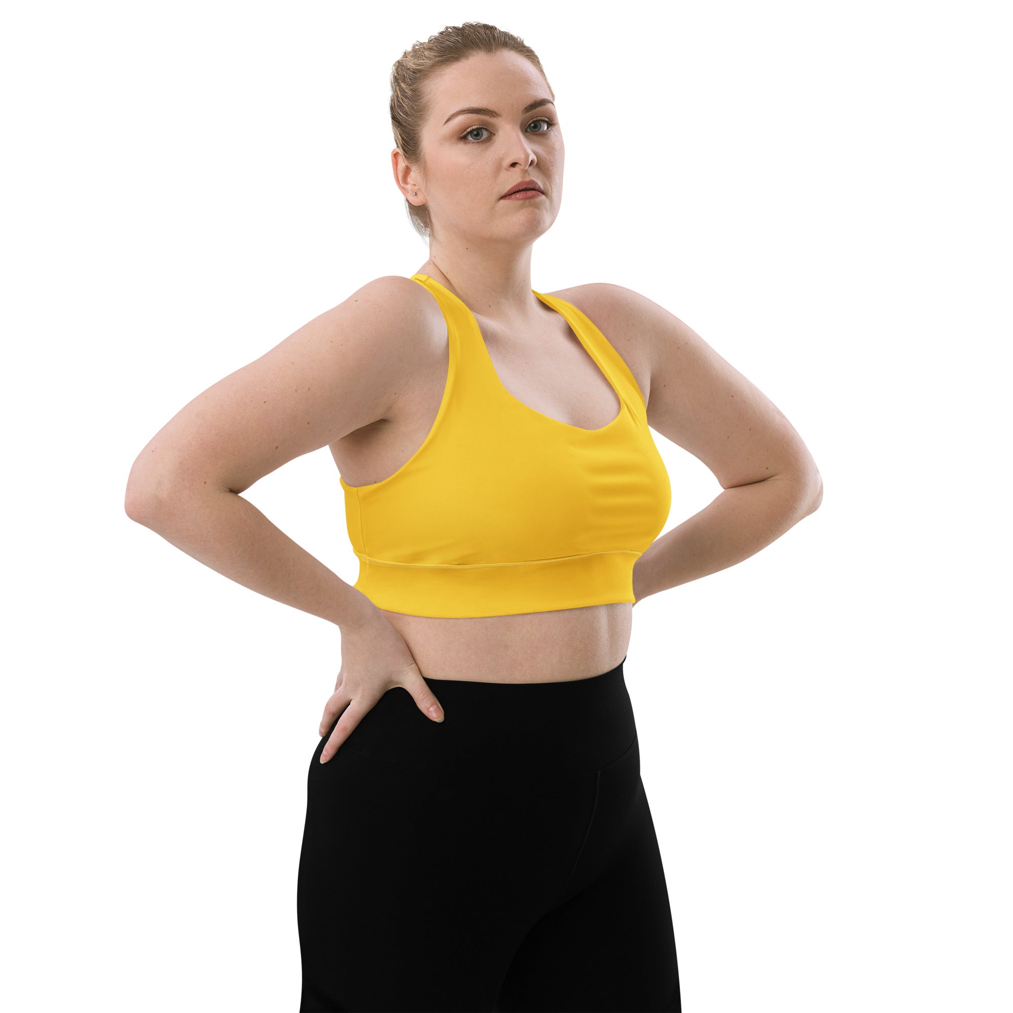 Bright yellow seamless longline sports bra with wide shoulder straps buttery soft recycled fabric high intensity support