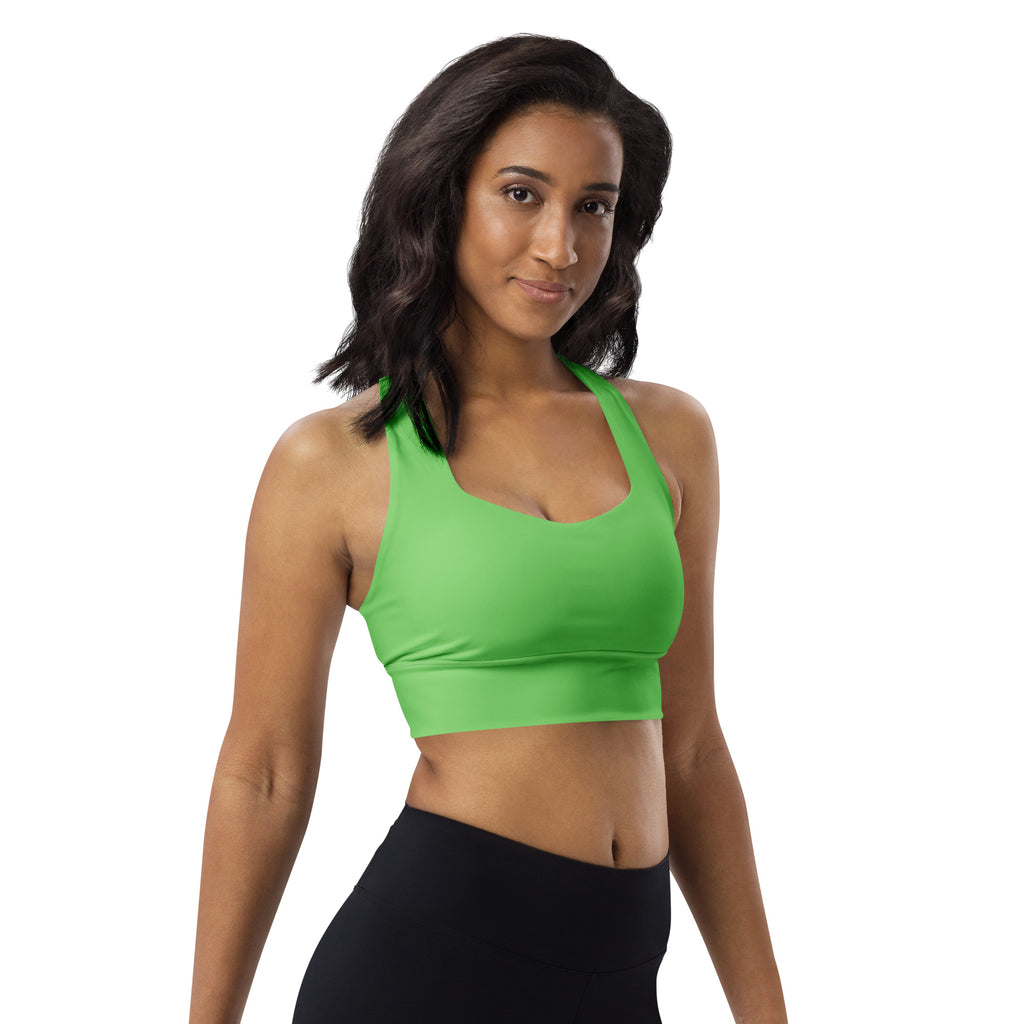 Bright green buttery soft recycled longline sports bra with racerback straps and high intensity support