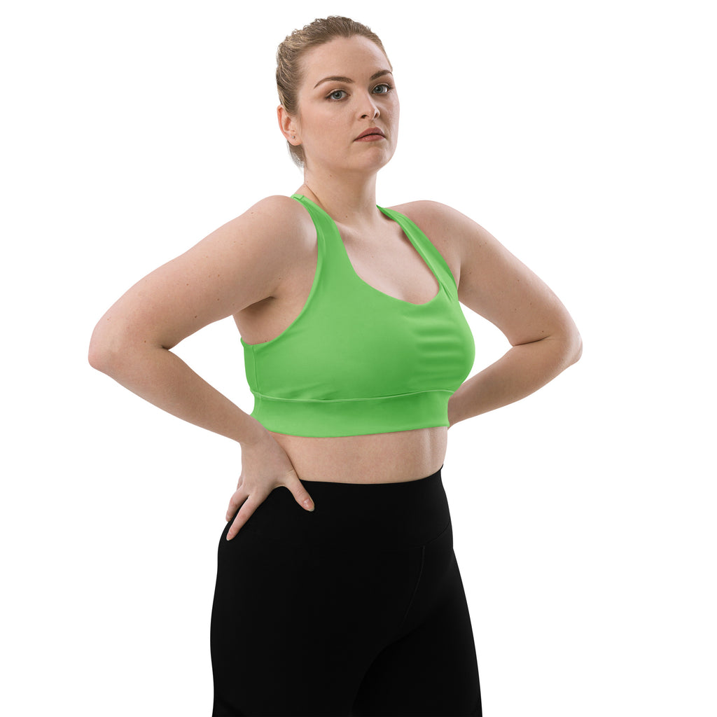 Bright green seamless longline sports bra with racerback straps made from recycled fabric for high intensity support