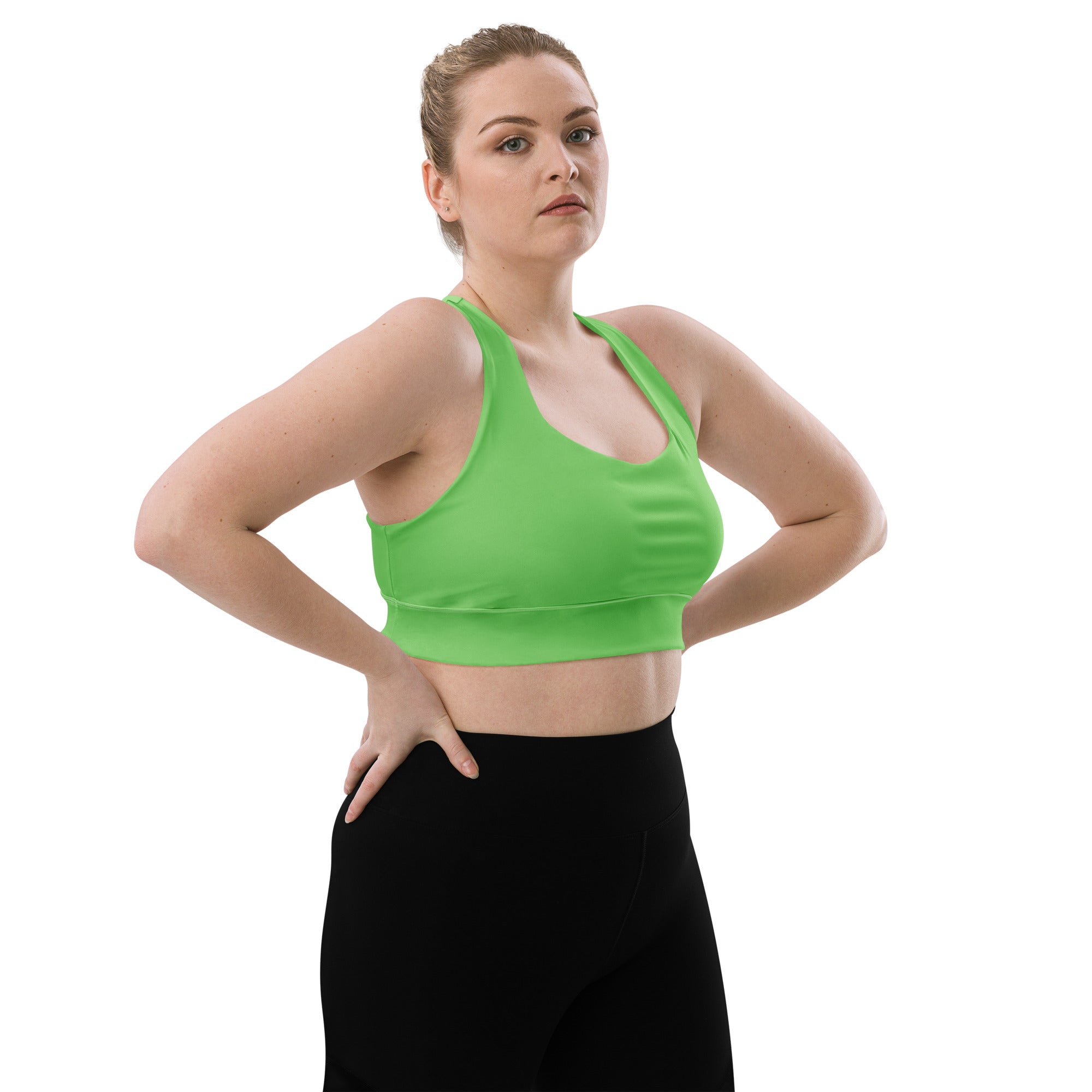 Bright green seamless longline sports bra with racerback straps made from recycled fabric for high intensity support