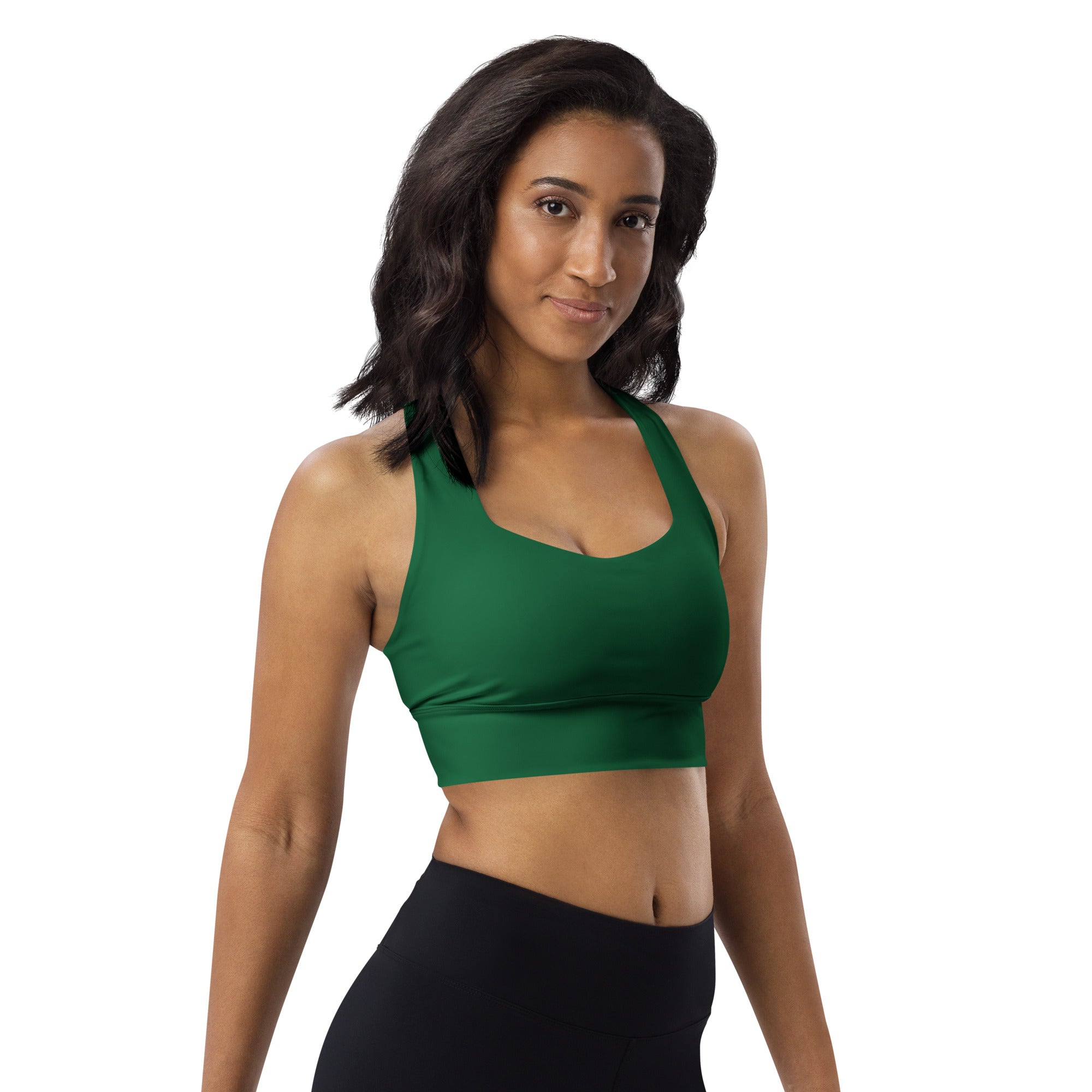 Women’s buttery soft dark green recycled longline sports bra with scoop neckline adjustable straps and high intensity support