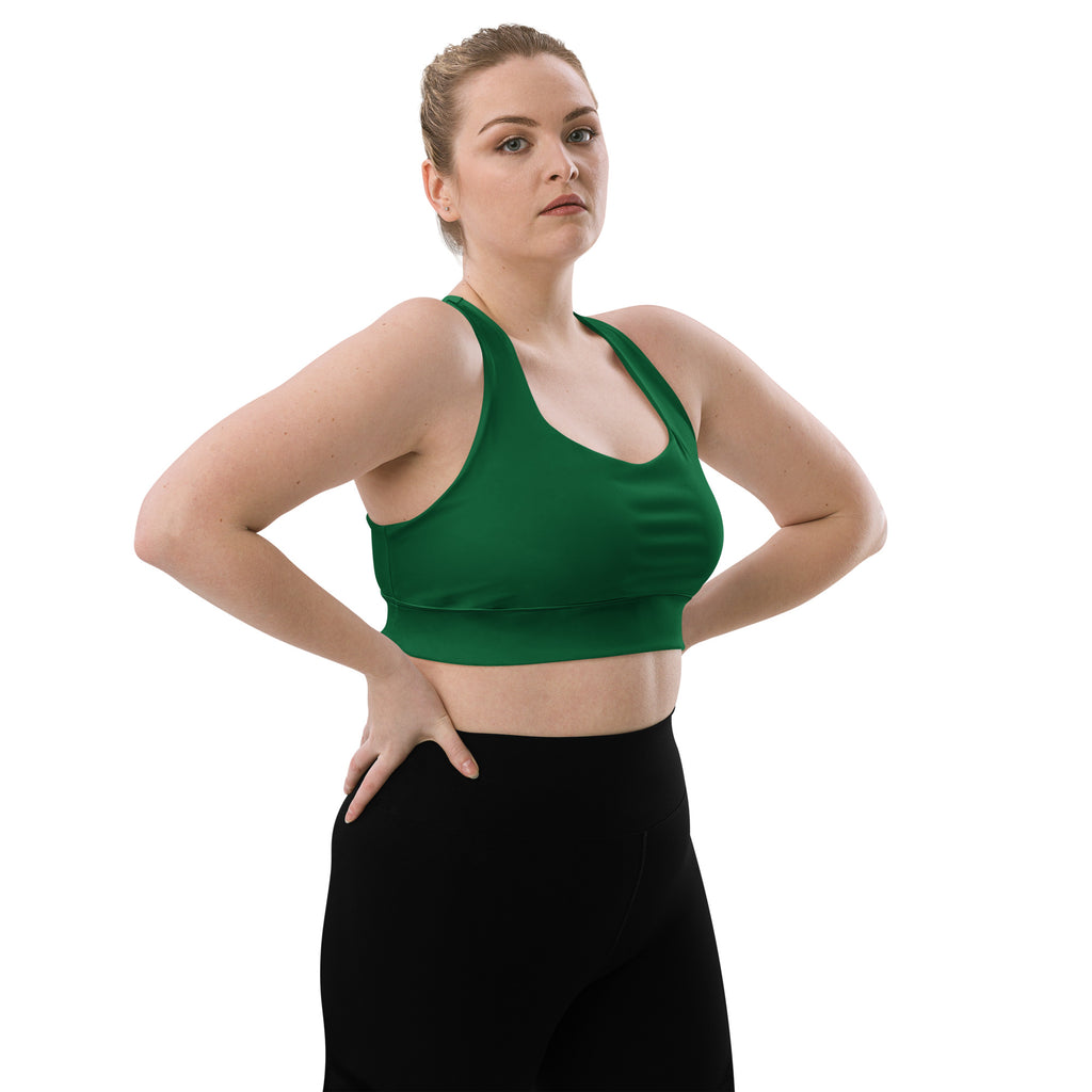 Green seamless sports bra with racerback design made from recycled fabric for high intensity support and quick dry