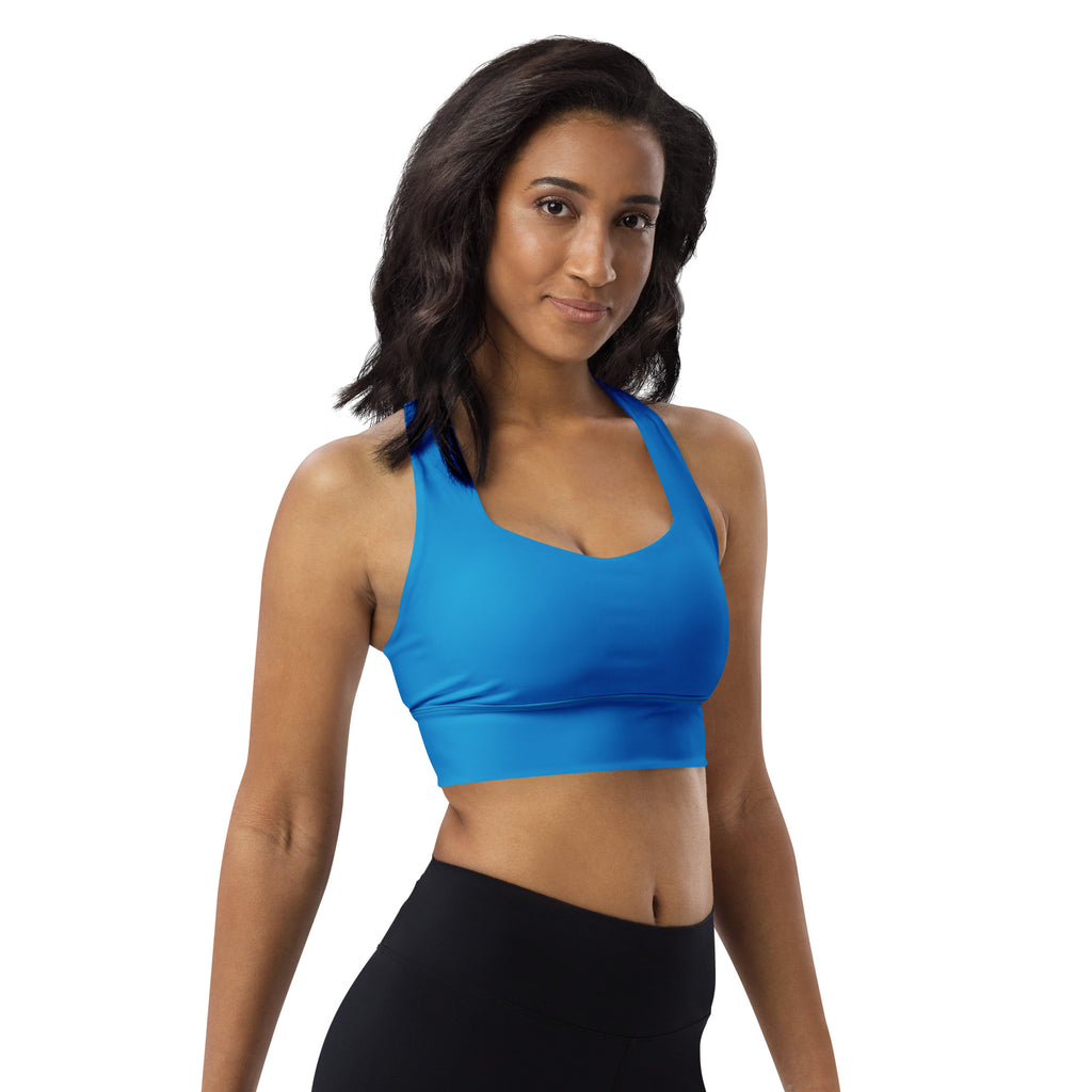 Bright blue seamless recycled longline sports bra with racerback straps and high intensity support band