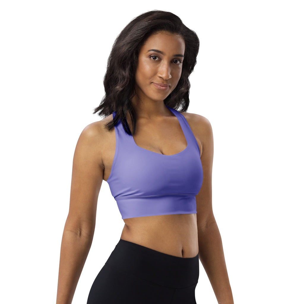 A sleek lavender recycled longline sports bra with high intensity support thin straps and quick dry fabric