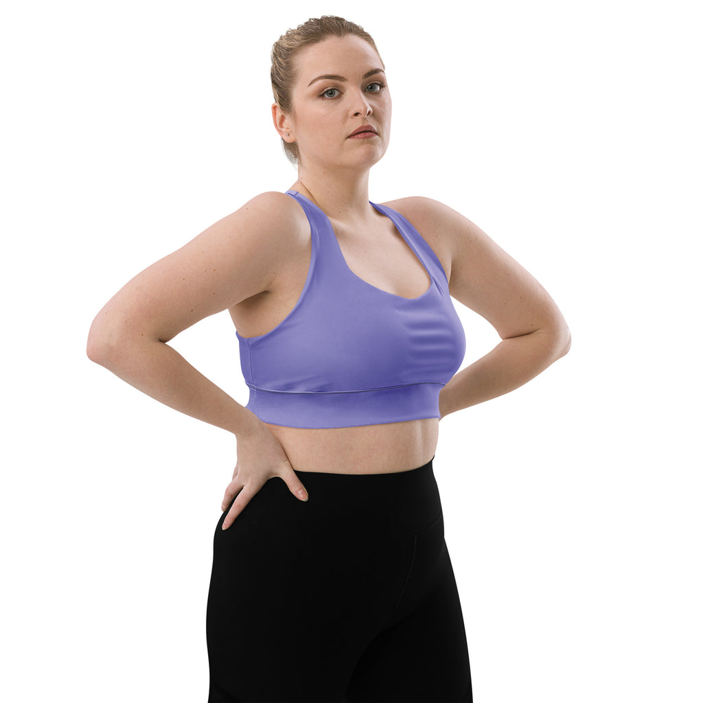 Women’s buttery soft sky purple recycled longline sports bra with seamless racerback for high intensity support