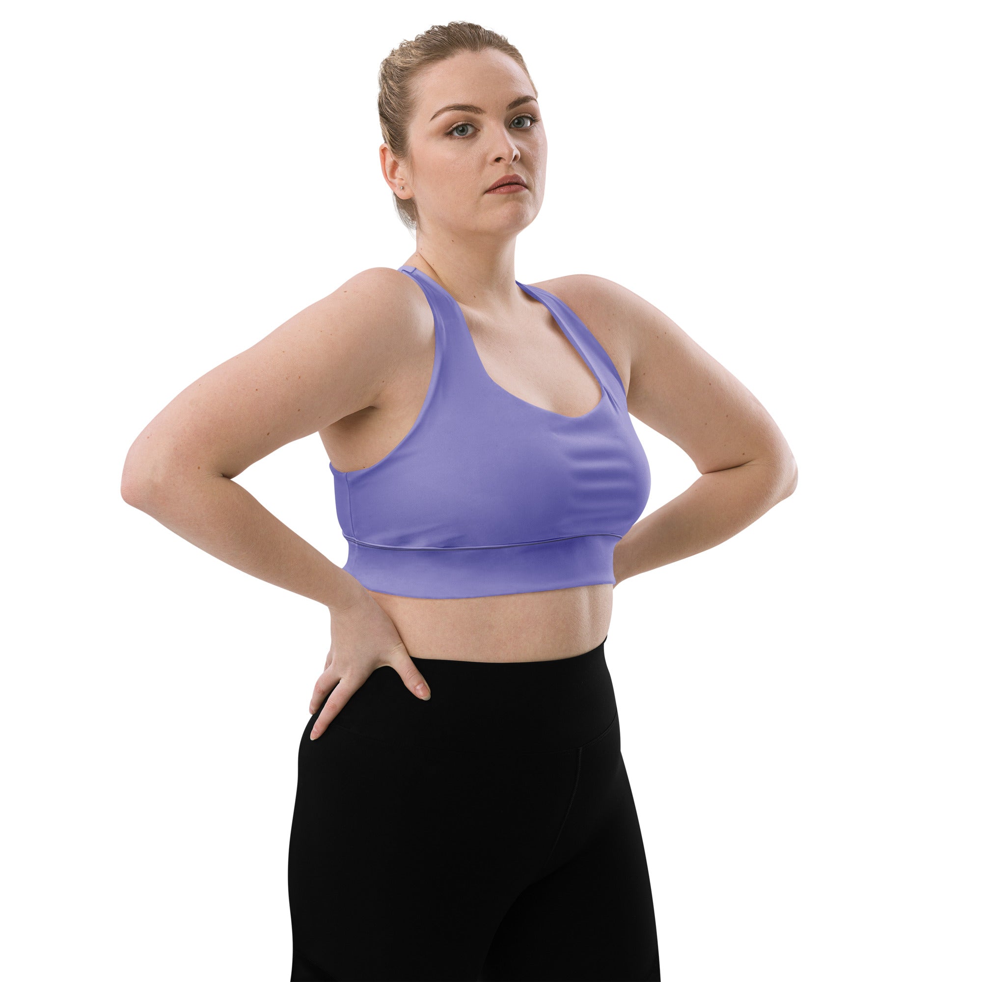Women’s buttery soft sky purple recycled longline sports bra with seamless racerback for high intensity support