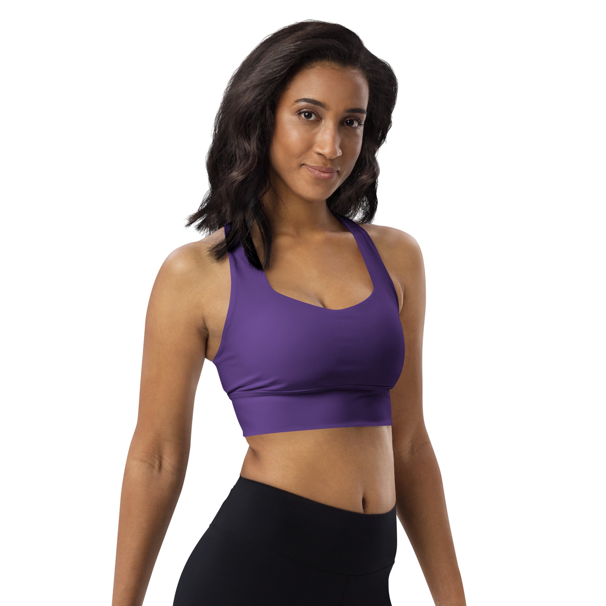 Women’s buttery soft sky dark purple recycled longline sports bra with scoop neckline and adjustable straps for high support