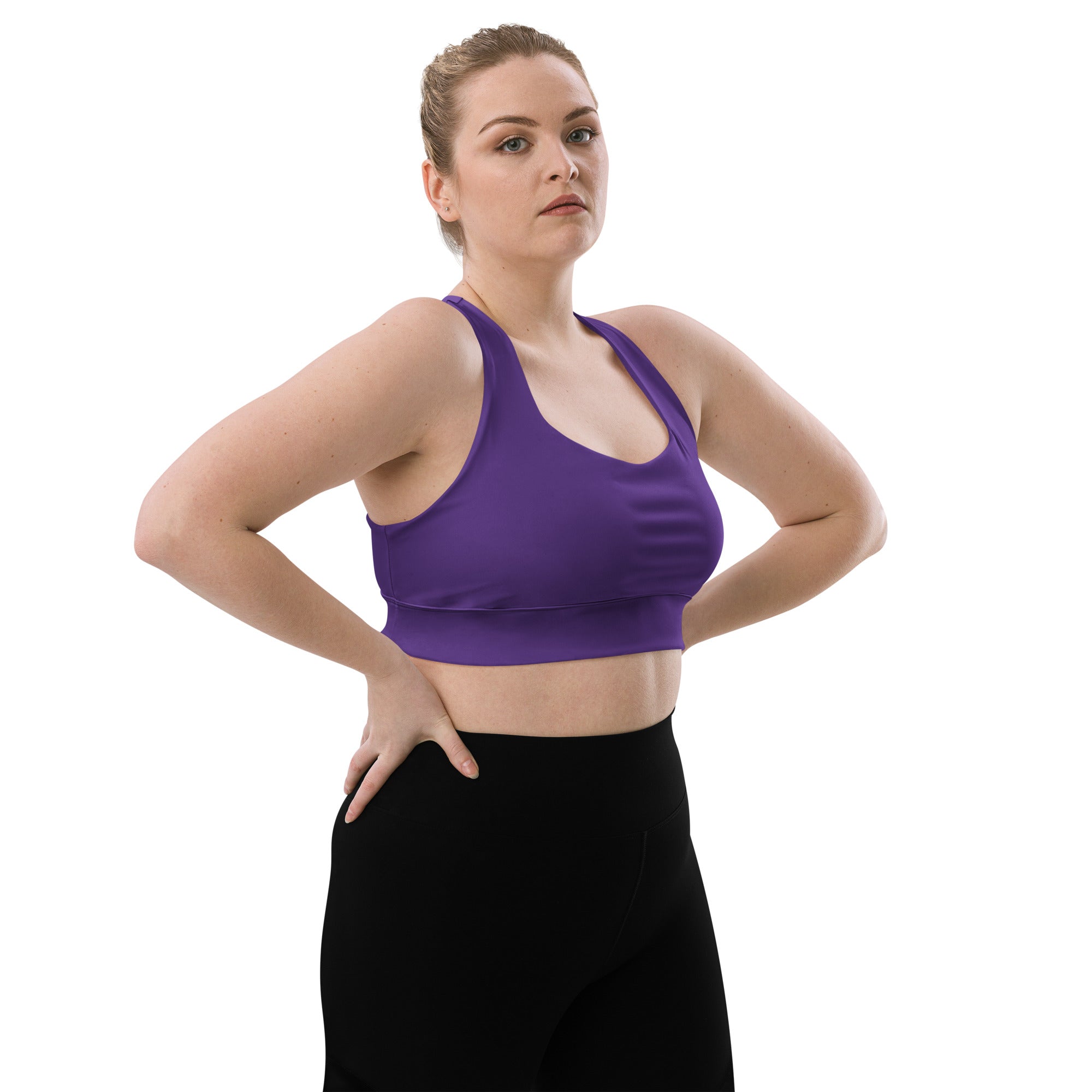 Purple womens buttery soft sky longline sports bra with racerback straps seamless design and high intensity support