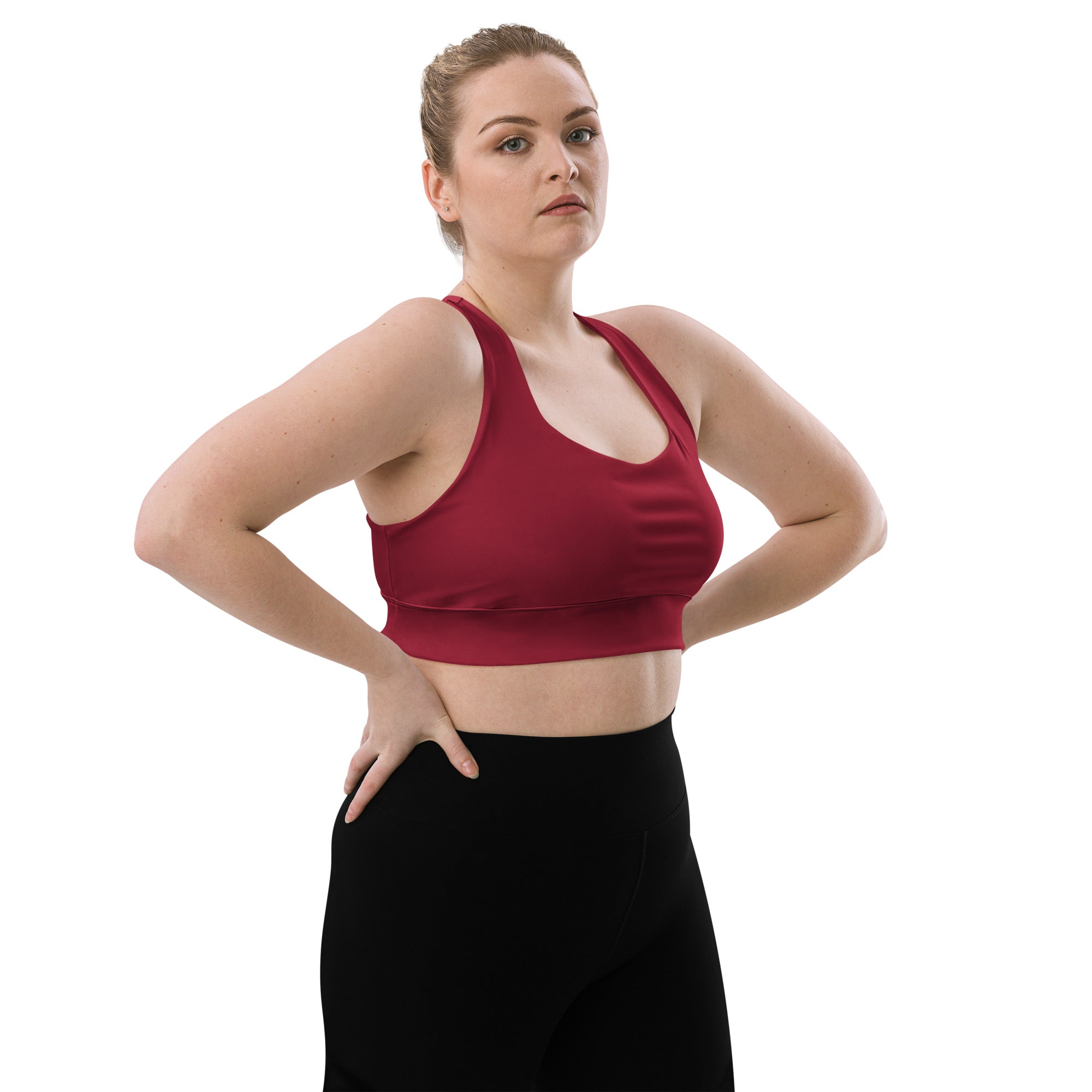 Maroon seamless racerback sports bra with deep red recycled fabric high intensity support quick dry and upf 50 plus