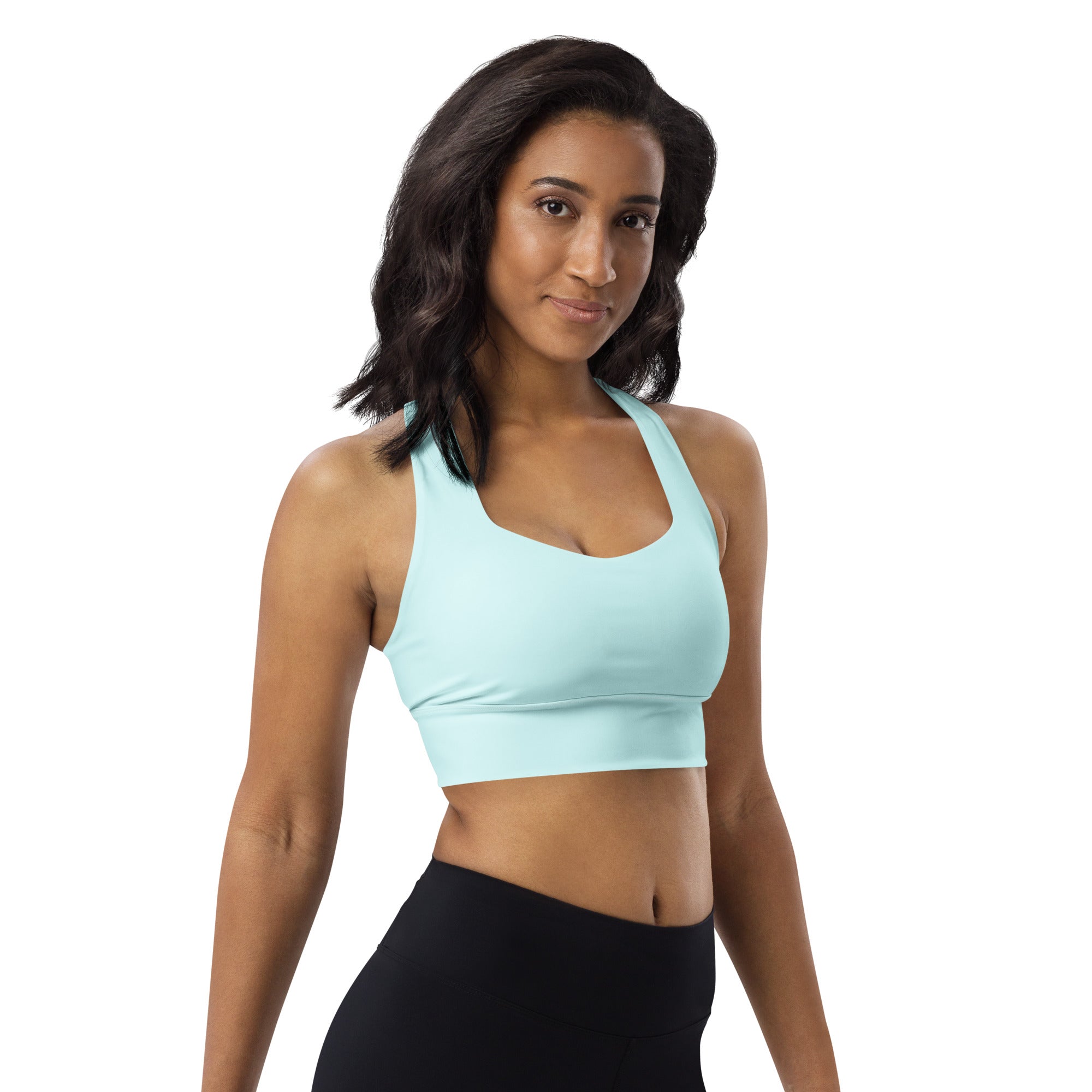 A light aqua blue seamless sports bra with scoop neckline and adjustable straps for high intensity support