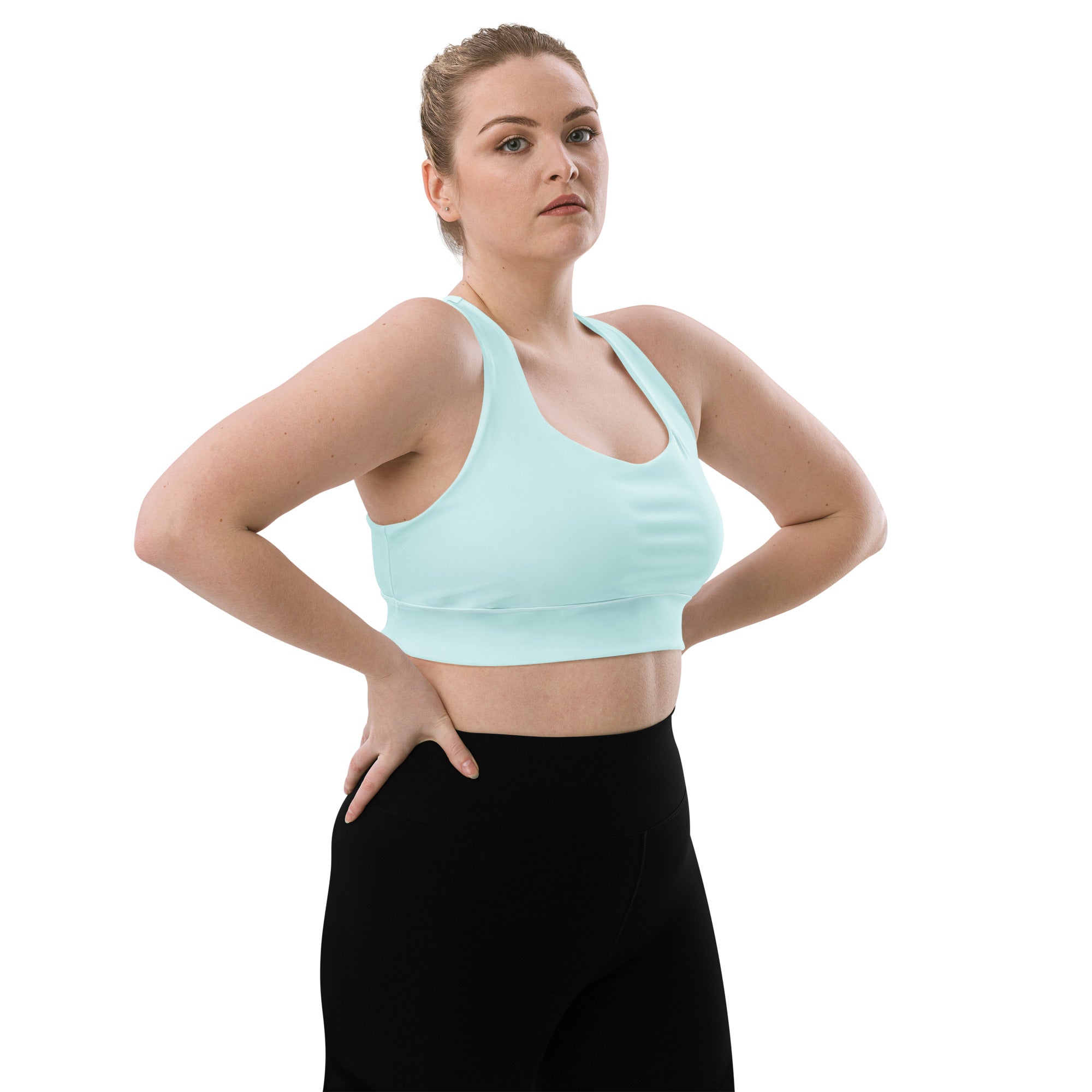 Light aqua blue recycled longline sports bra with thin straps seamless design high intensity support quick dry and UPF 50+
