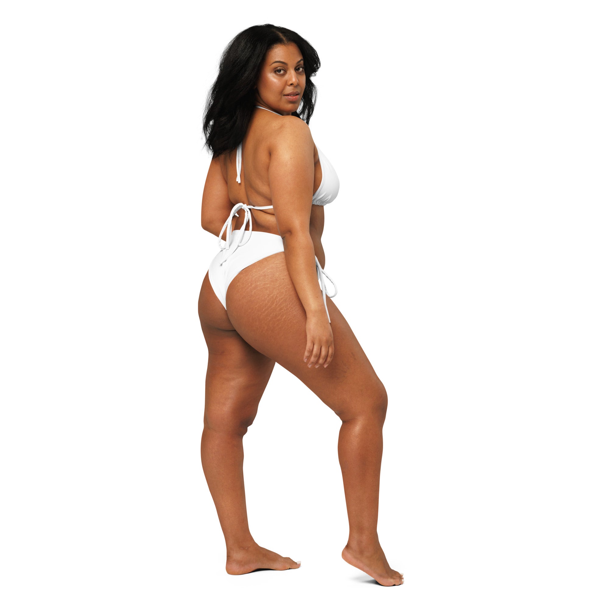 Women’s white buttery soft recycled string bikini set with upf 50 plus shown from the back side