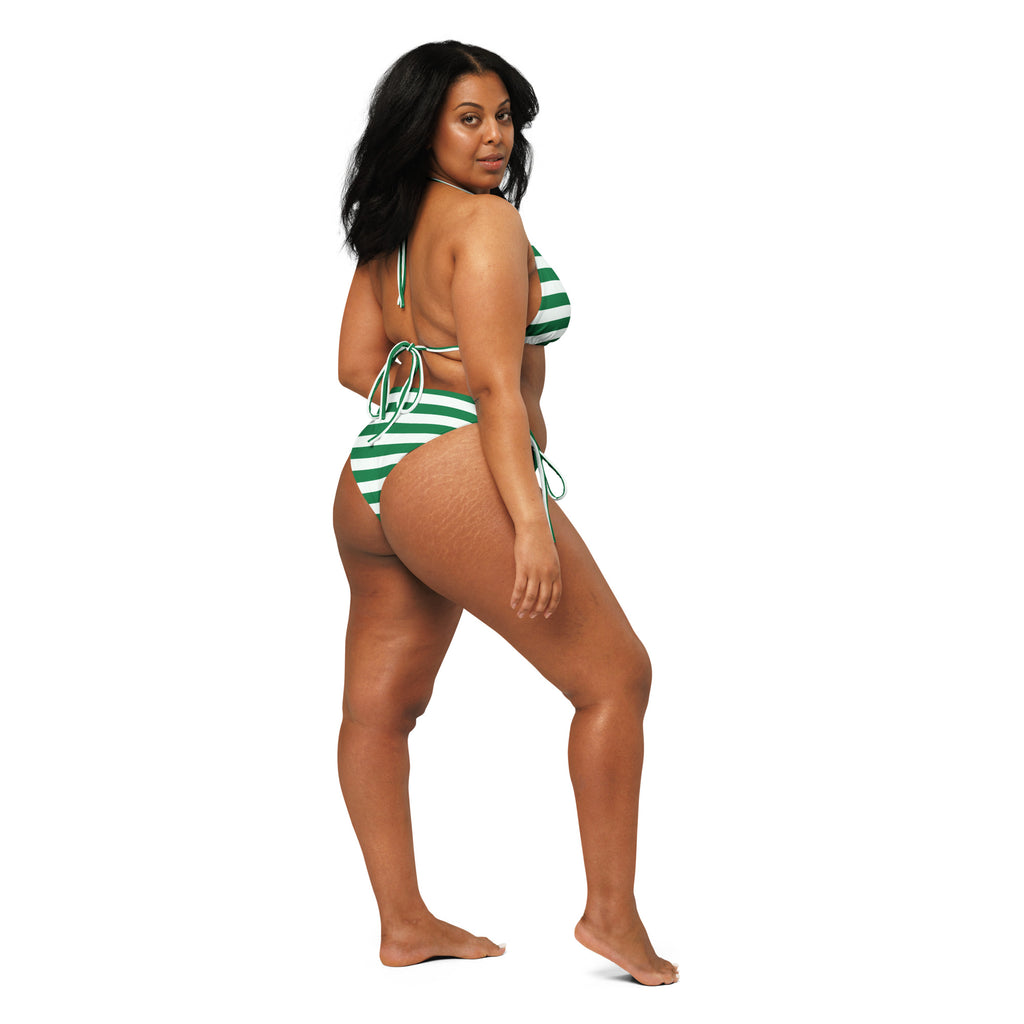 Women's Green & White Christmas Stripes Buttery Soft Recycled String Bikini With UPF 50+
