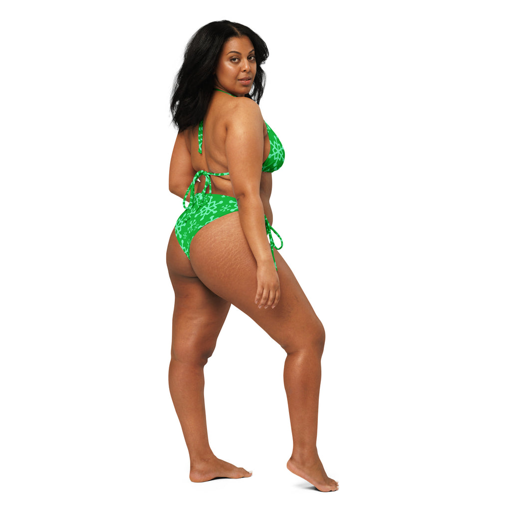 Women's Green Snowflake Christmas Buttery Soft Recycled String Bikini With UPF 50+