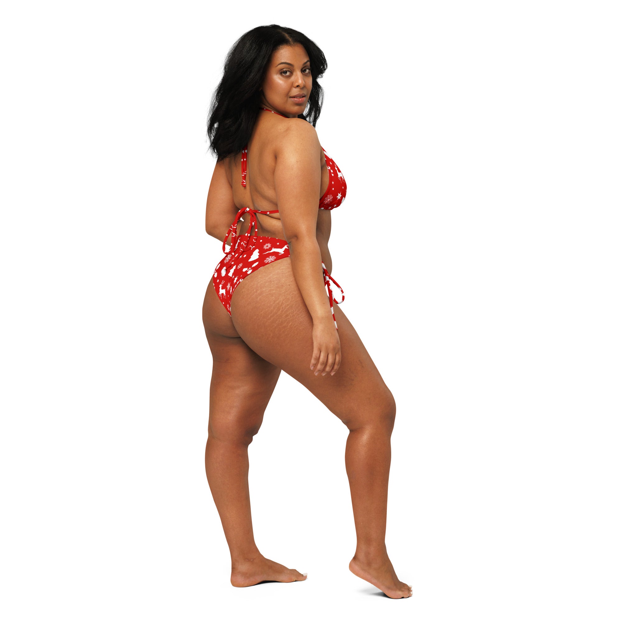 Women’s red recycled buttery soft string bikini with white star patterns adjustable ties and upf 50 plus protection
