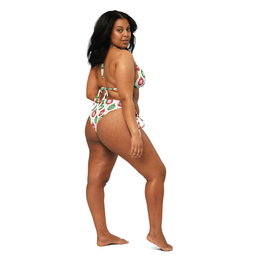 Women’s christmas ornaments buttery soft recycled string bikini set in white with red and green pattern and tie sides