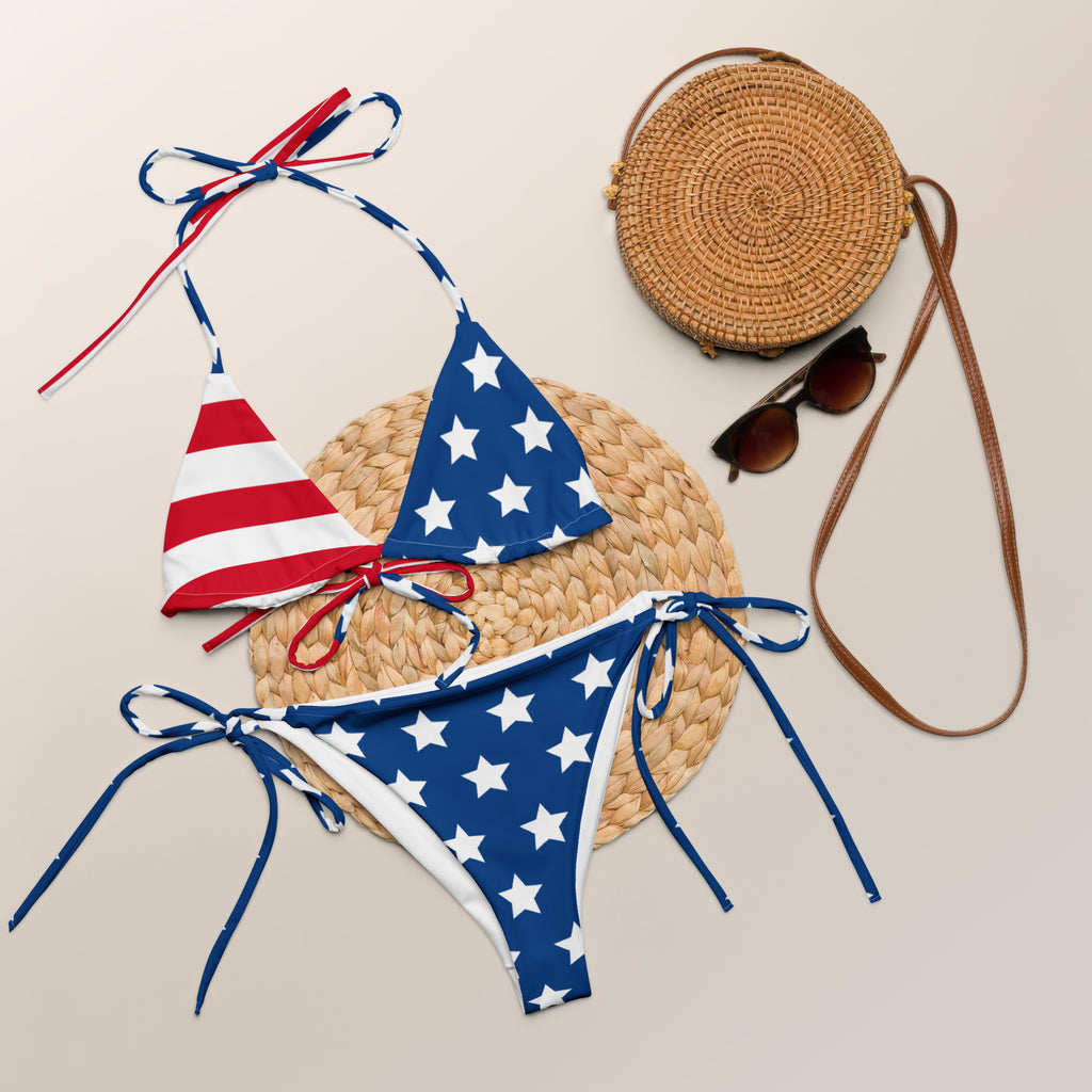 Women’s usa flag buttery soft recycled string bikini with upf 50+ featuring red white and blue star and stripe design
