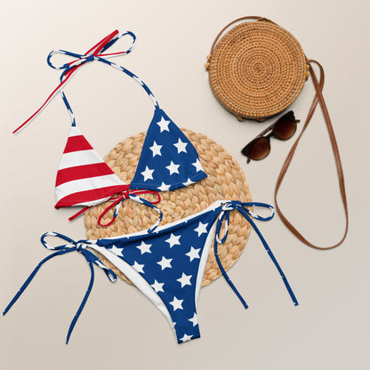 Women's USA Flag Buttery Soft Recycled String Bikini With UPF 50+