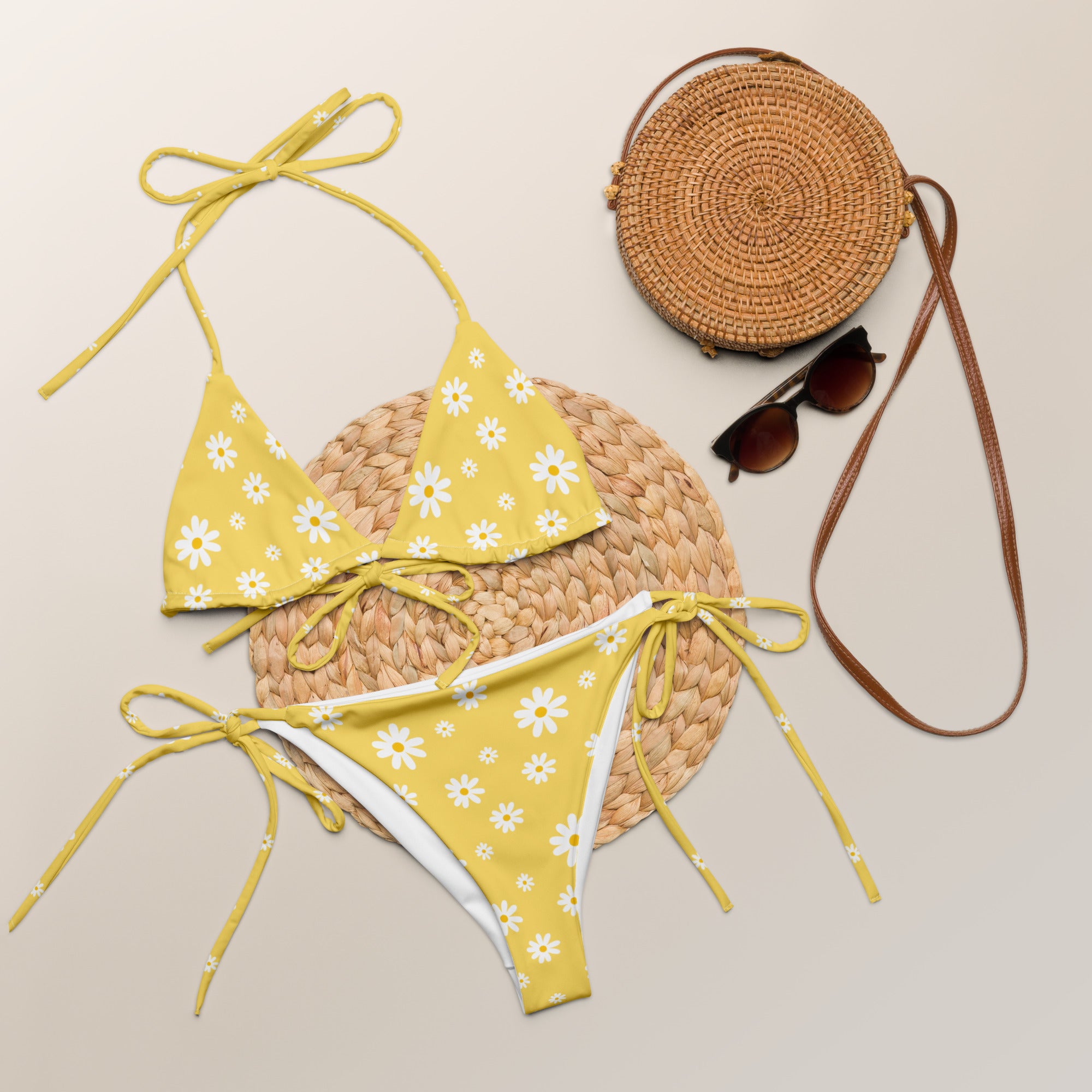 Women's Yellow Daisy Buttery Soft Recycled String Bikini With UPF 50+