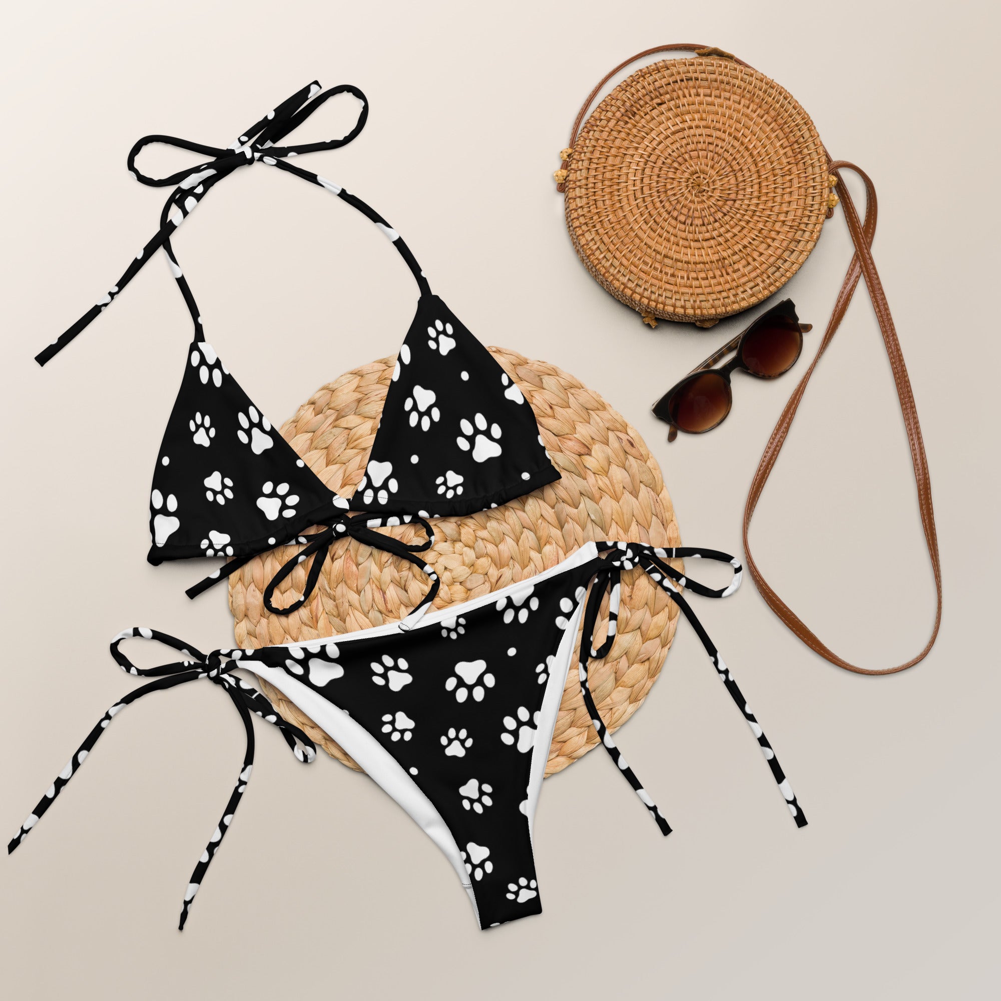 Women's Black Paw Print Buttery Soft Recycled String Bikini With UPF 50+