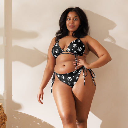 Women's Black Paw Print Buttery Soft Recycled String Bikini With UPF 50+
