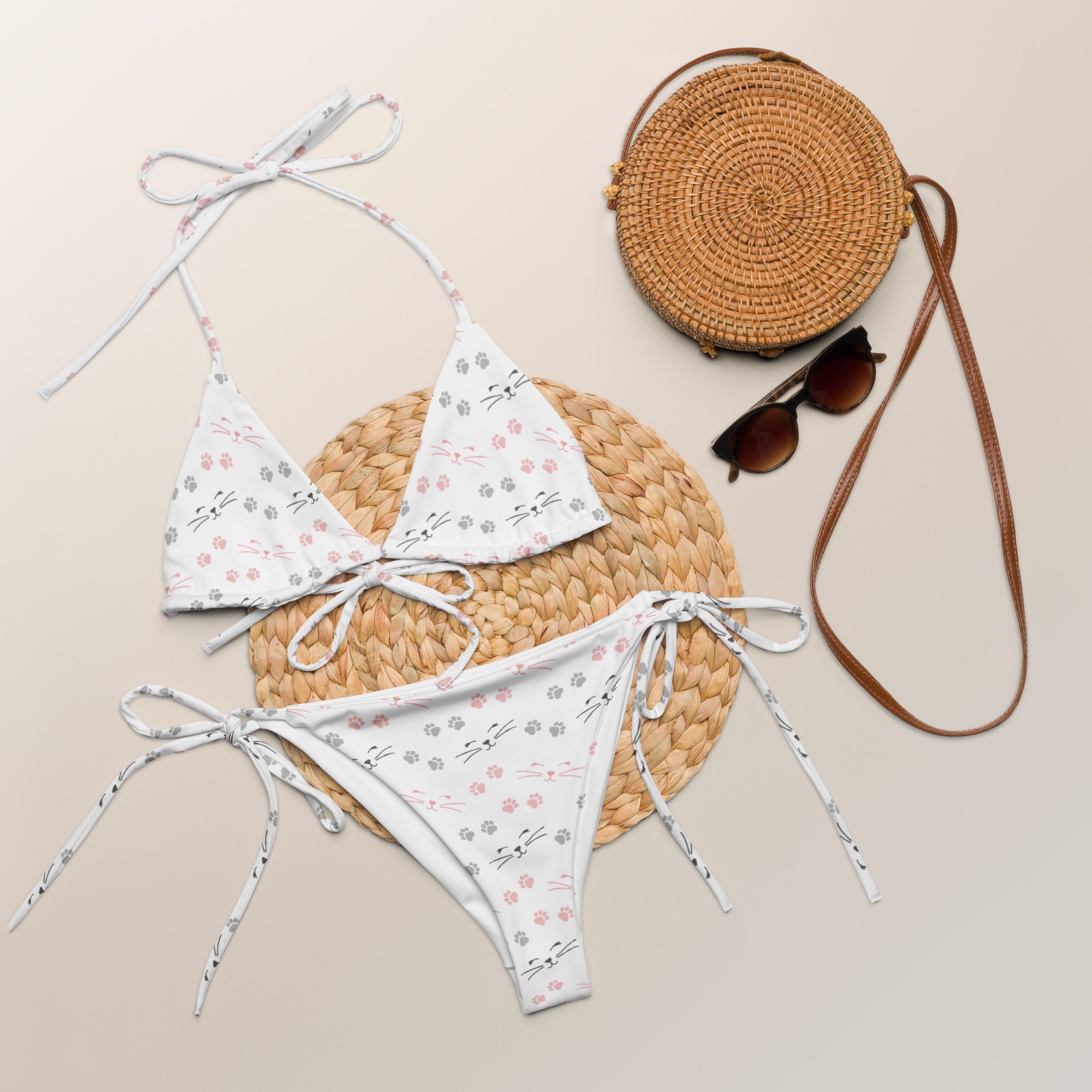 Women's Cat Paw Prints And Whiskers Buttery Soft Recycled String Bikini With UPF 50+