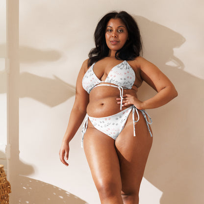 Women's Cat Paw Prints And Whiskers Buttery Soft Recycled String Bikini With UPF 50+