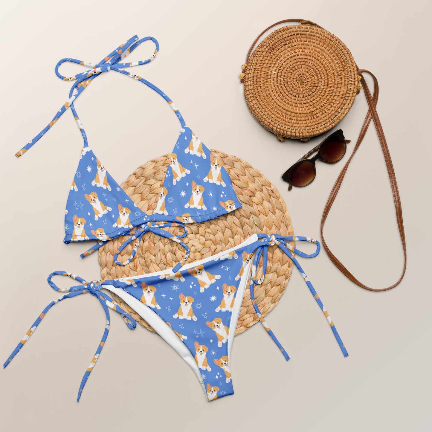 Women's Blue Corgi Dog Buttery Soft Recycled String Bikini With UPF 50+
