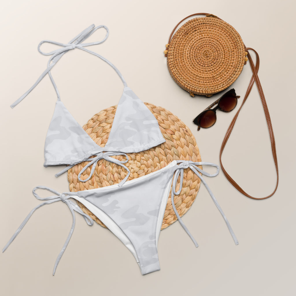 Women’s light gray camouflage buttery soft recycled string bikini with triangle top thin ties and upf 50+ protection
