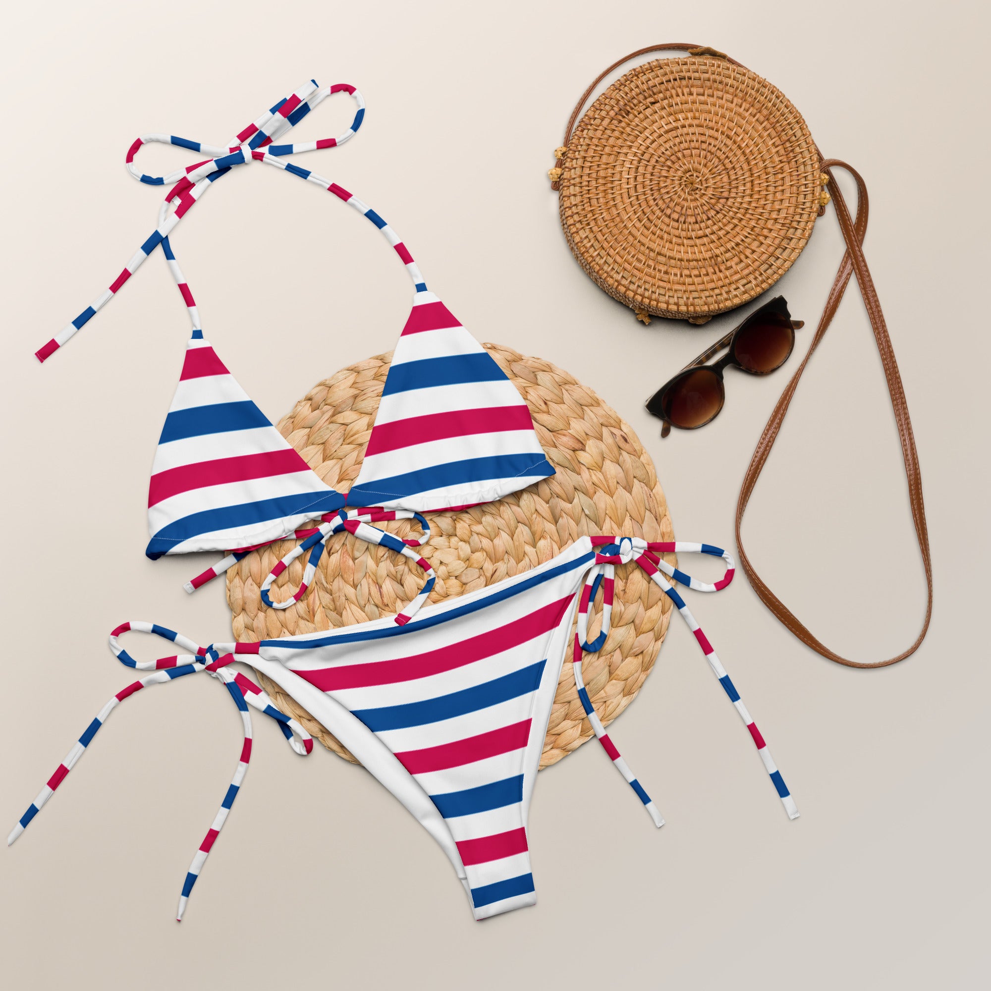 Women's Red, White & Blue Stripe Buttery Soft Recycled String Bikini With UPF 50+