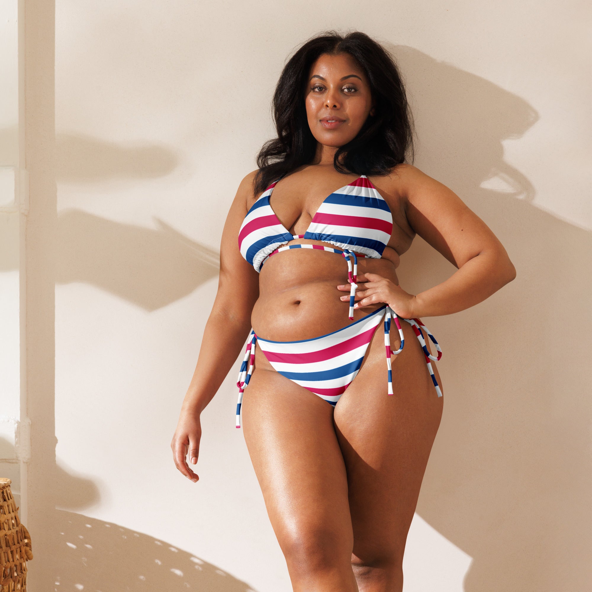 Women's Red, White & Blue Stripe Buttery Soft Recycled String Bikini With UPF 50+
