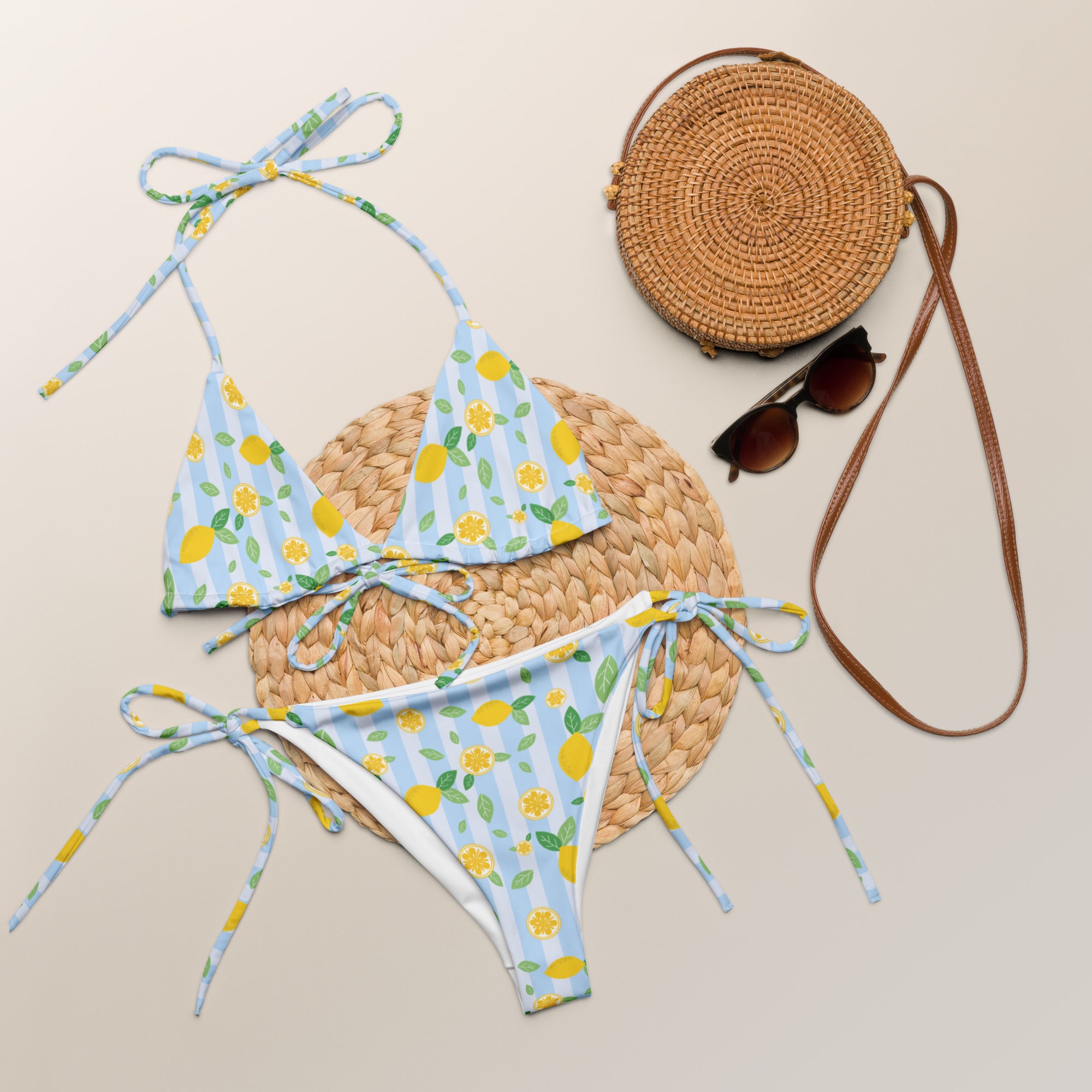 Women's Lemon Stripe Buttery Soft Recycled String Bikini With UPF 50+